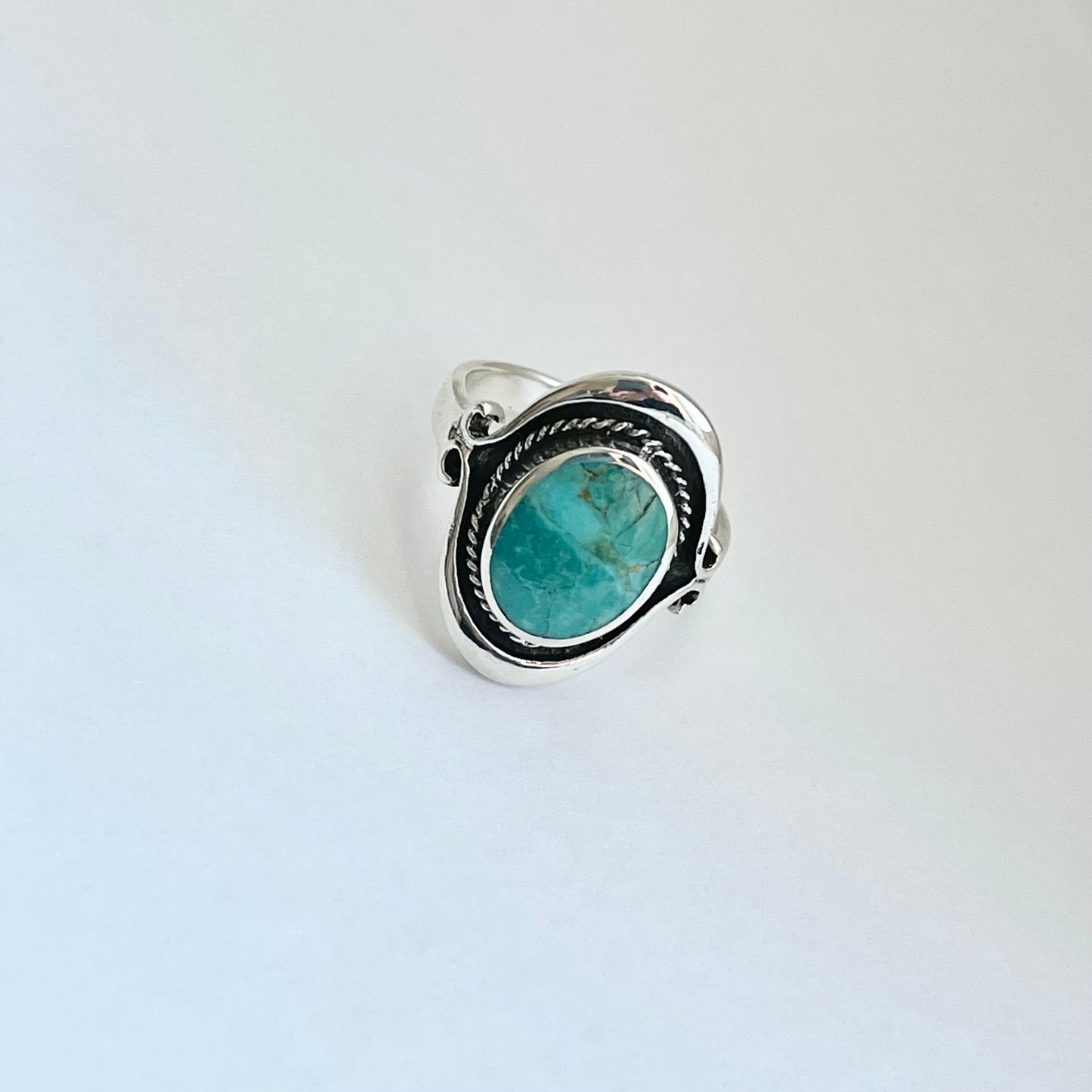 Sterling Silver Bali Style Round Genuine Turquoise Ring, Silver Statement Rings, Stone Ring