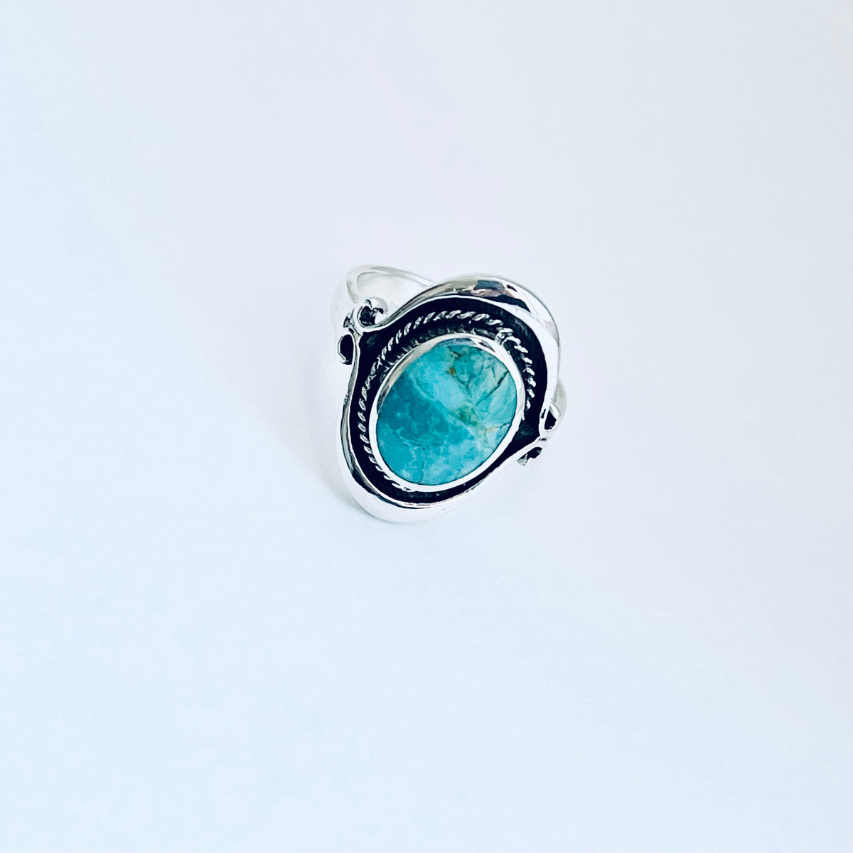 925 Sterling Silver Bali Style Round Genuine Turquoise Ring | Boho Statement Stone Rings