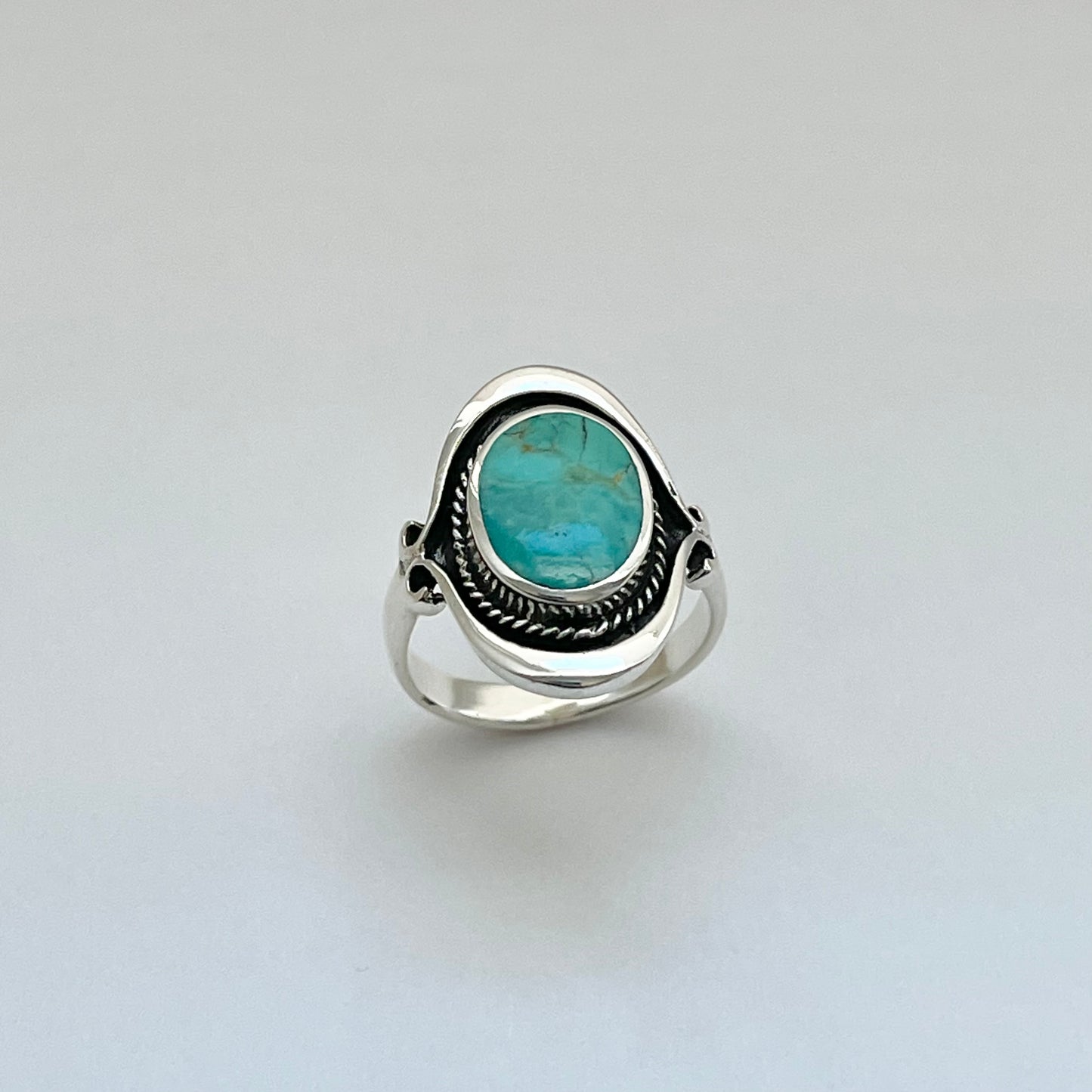 Sterling Silver Bali Style Round Genuine Turquoise Ring, Silver Statement Rings, Stone Ring