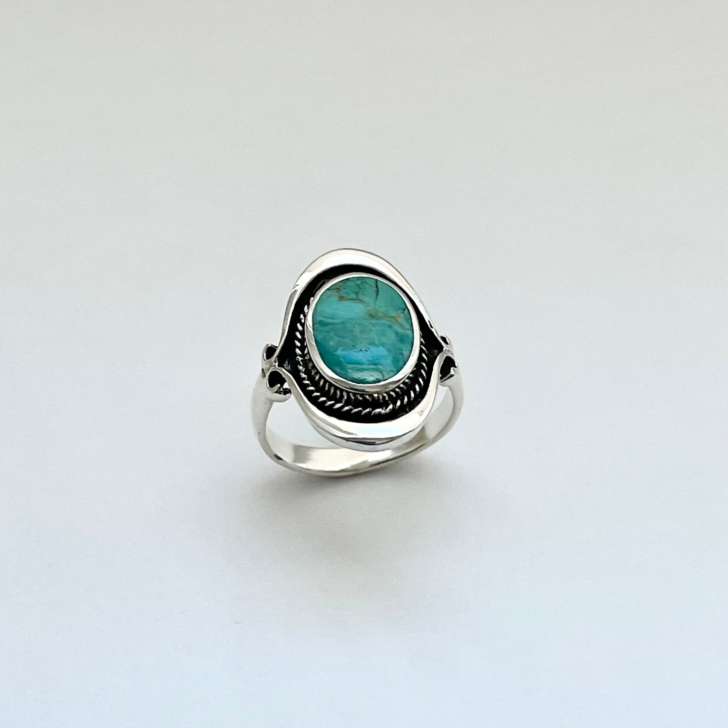 Sterling Silver Bali Style Round Genuine Turquoise Ring, Silver Statement Rings, Stone Ring