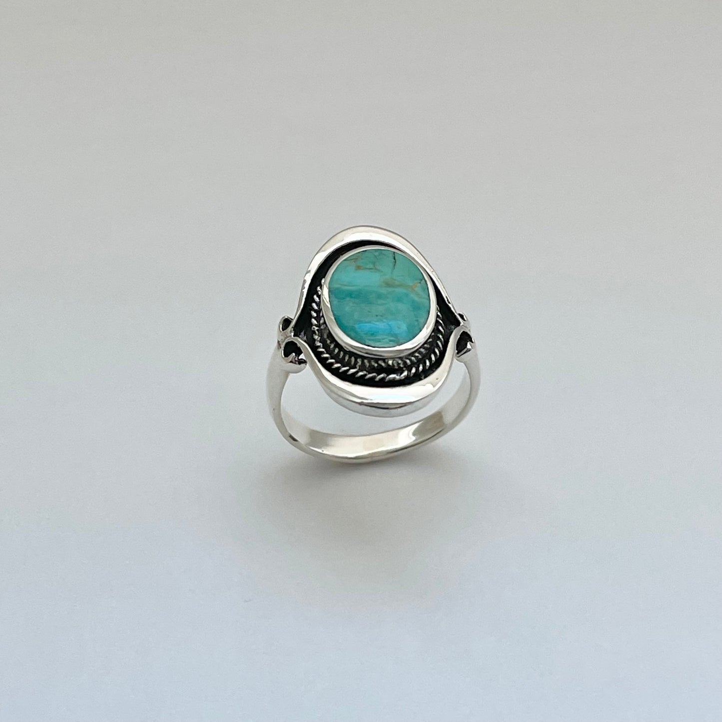 Sterling Silver Bali Style Round Genuine Turquoise Ring, Silver Statement Rings, Stone Ring