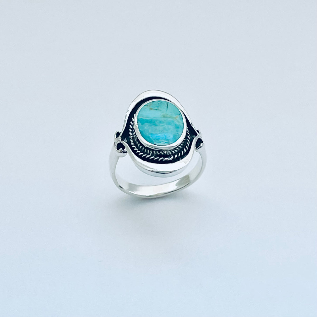 925 Sterling Silver Bali Style Round Genuine Turquoise Ring | Boho Statement Stone Rings