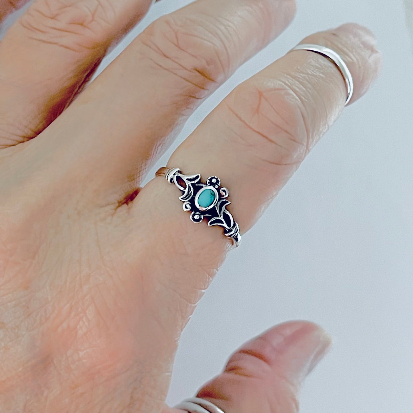 925 Sterling Silver Little Genuine Turquoise Ring with Flowers | Dainty Floral Stone Silver Rings