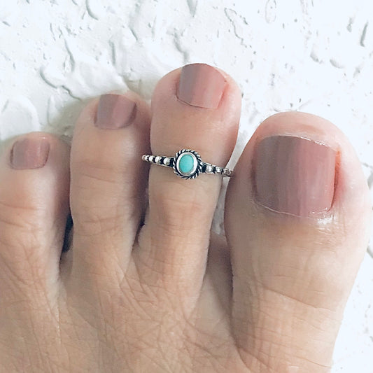 Sterling Silver Bali Style Turquoise Toe Ring – Dainty Bead Band Boho Ring