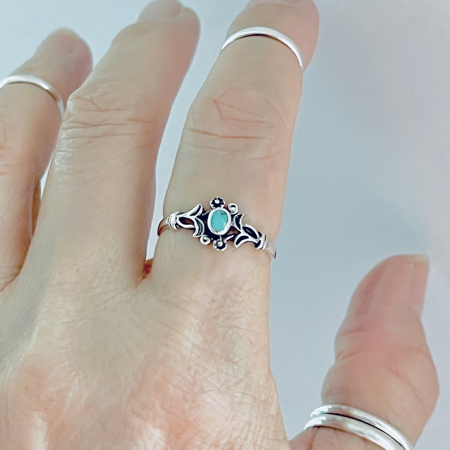 925 Sterling Silver Little Genuine Turquoise Ring with Flowers | Dainty Floral Stone Silver Rings