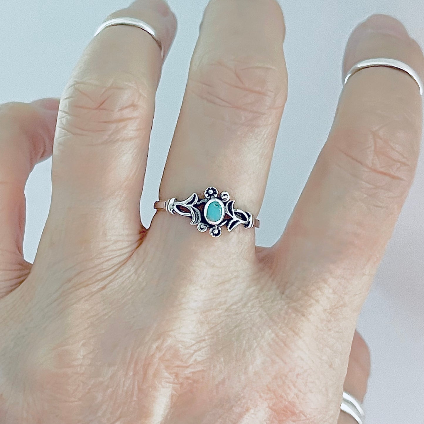 925 Sterling Silver Little Genuine Turquoise Ring with Flowers | Dainty Floral Stone Silver Rings
