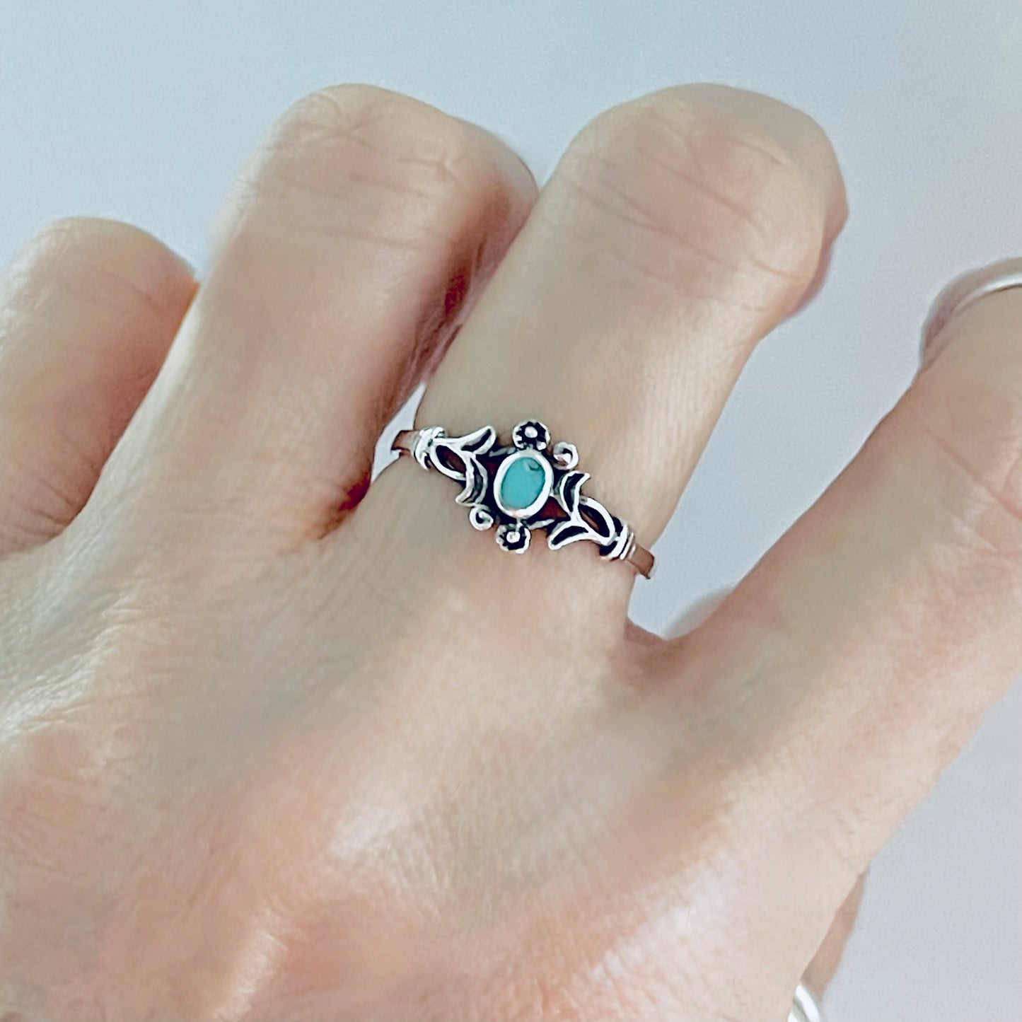 925 Sterling Silver Little Genuine Turquoise Ring with Flowers | Dainty Floral Stone Silver Rings