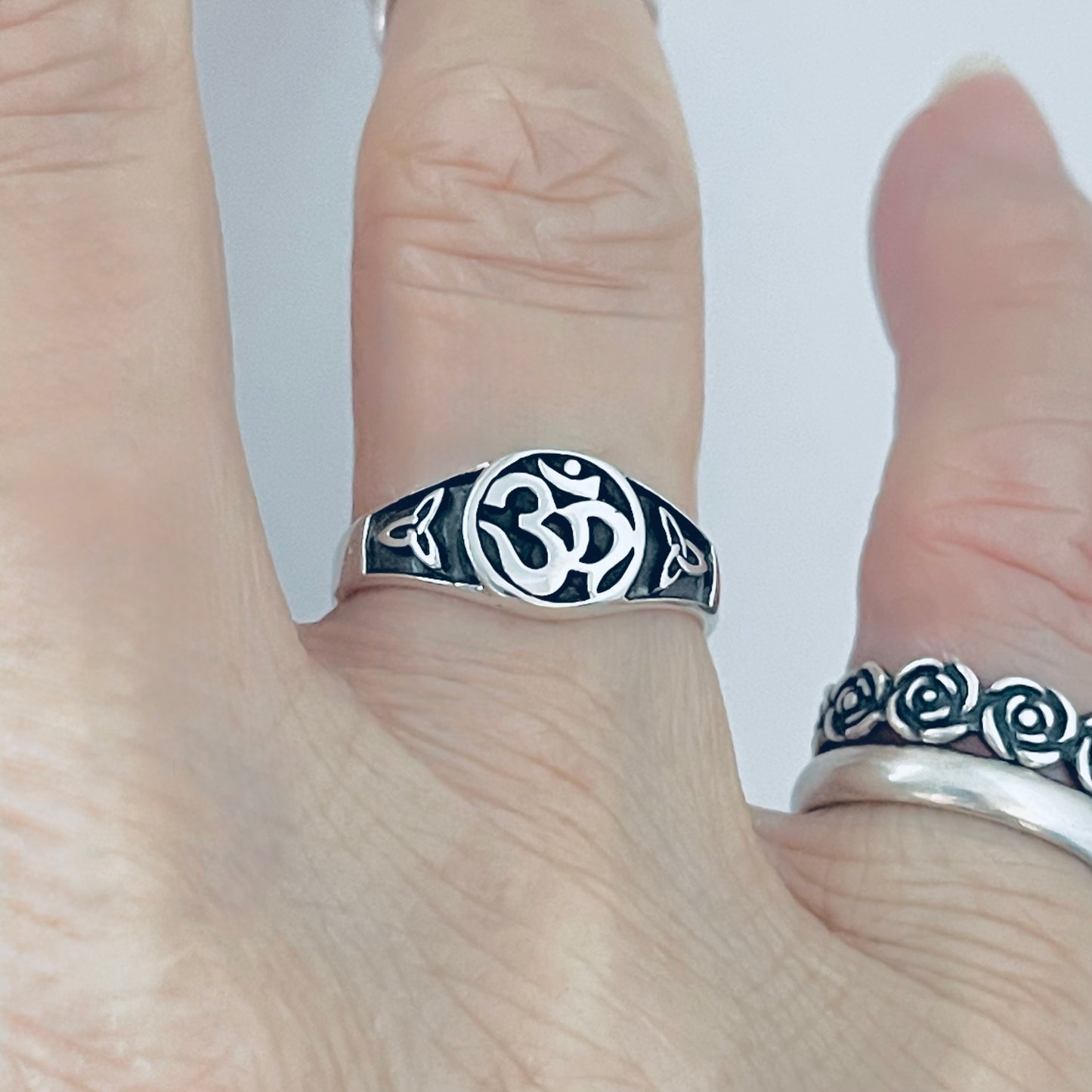 925 Sterling Silver OM Ring with Triquetras | Yoga & Celtic Knot Jewelry
