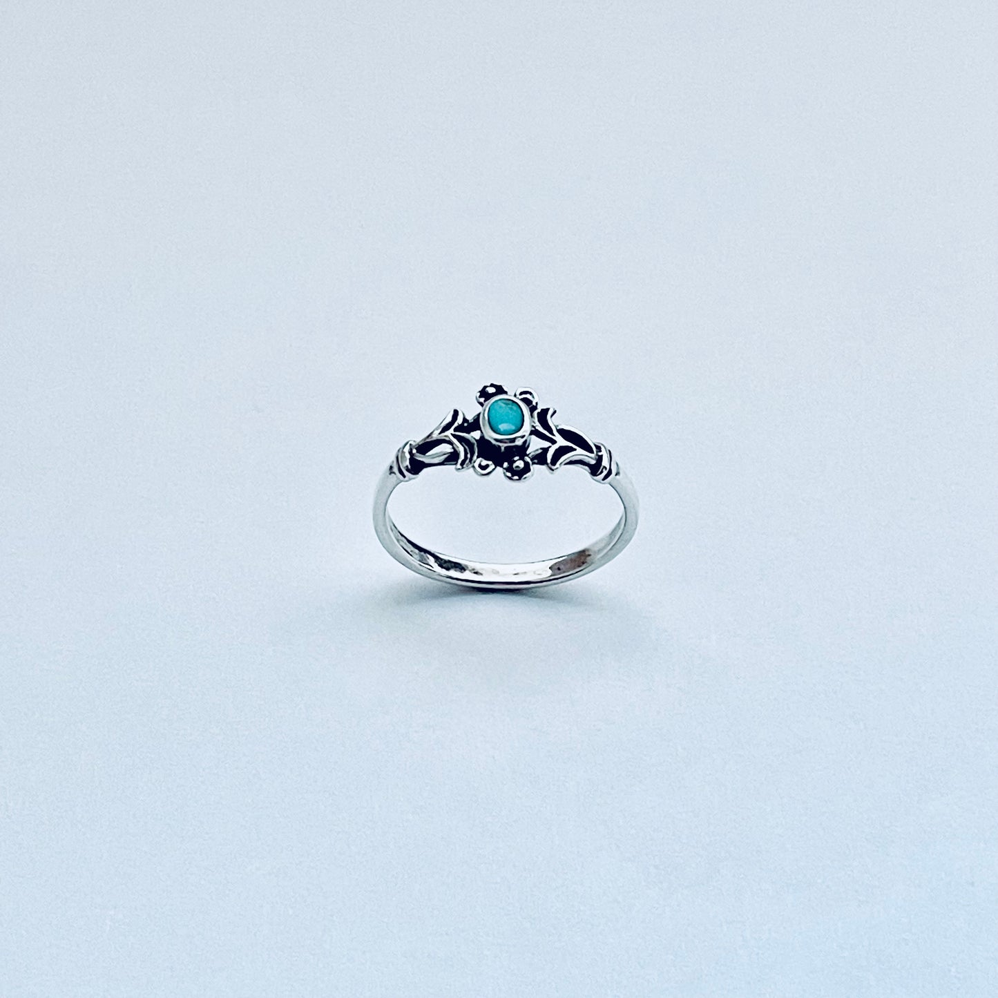 925 Sterling Silver Little Genuine Turquoise Ring with Flowers | Dainty Floral Stone Silver Rings