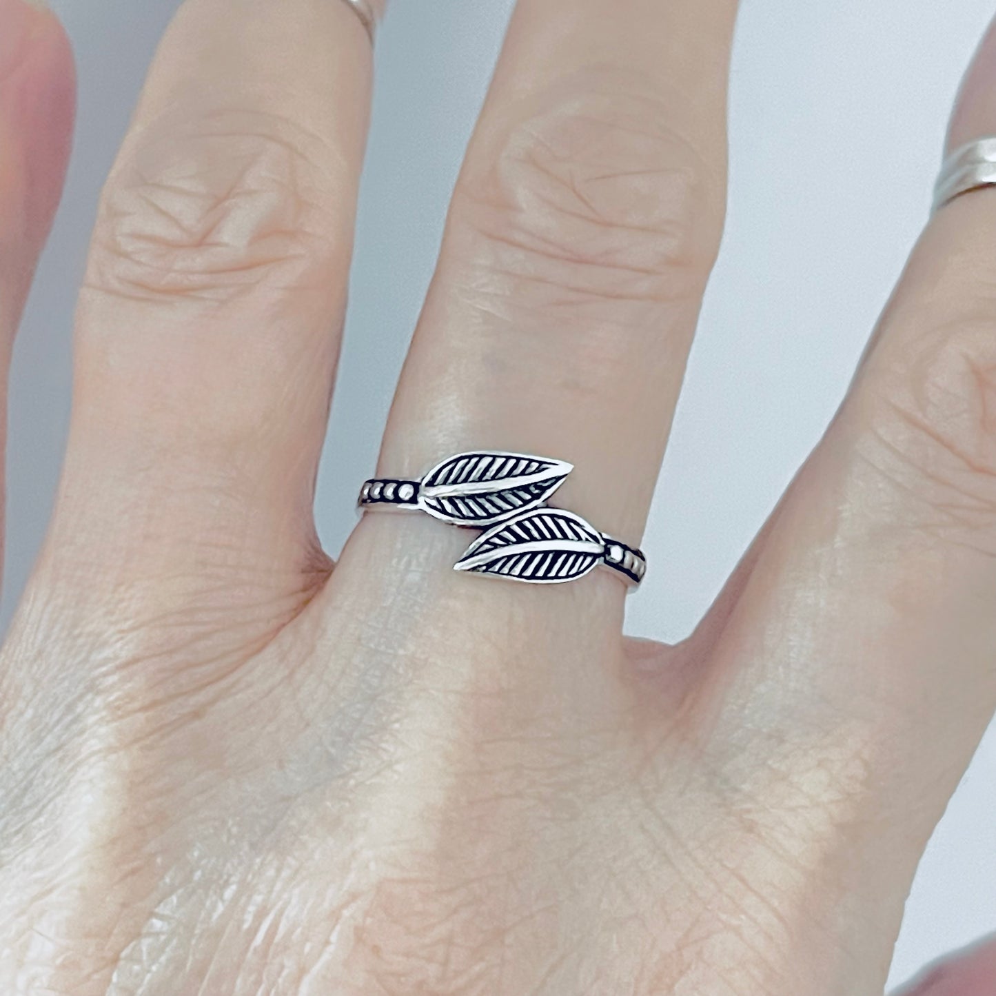 Sterling Silver Dainty Small Double Leaf Ring | Tree of Life Leaves Silver Rings