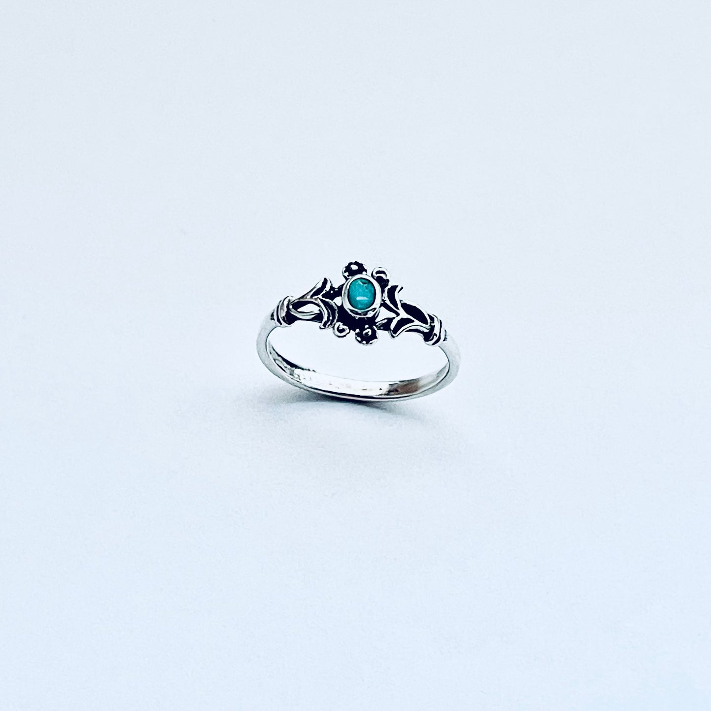 925 Sterling Silver Little Genuine Turquoise Ring with Flowers | Dainty Floral Stone Silver Rings