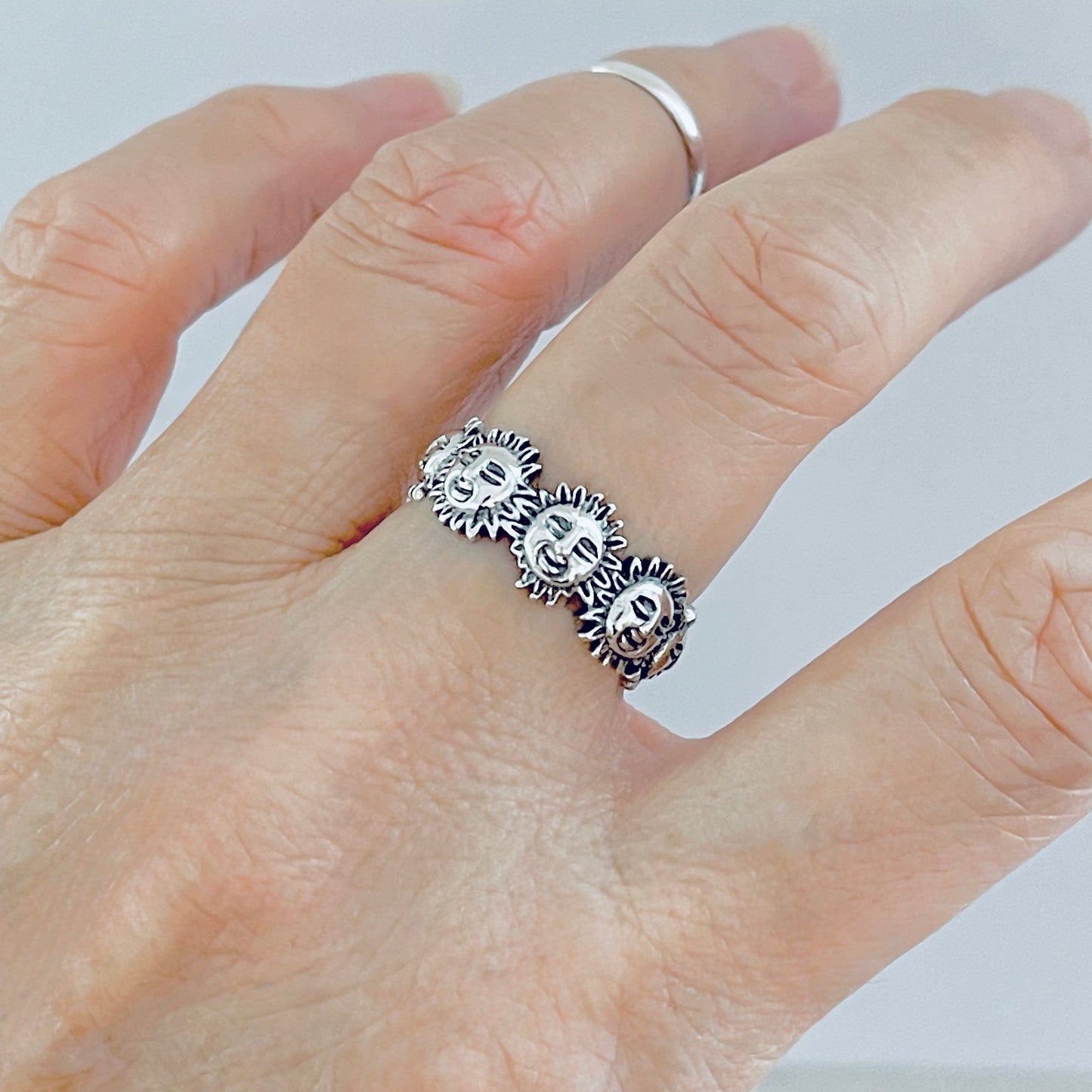 Sterling Silver Unisex Sunny Faces Ring, Silver Rings, Celestial Ring, Sun, Sunshine