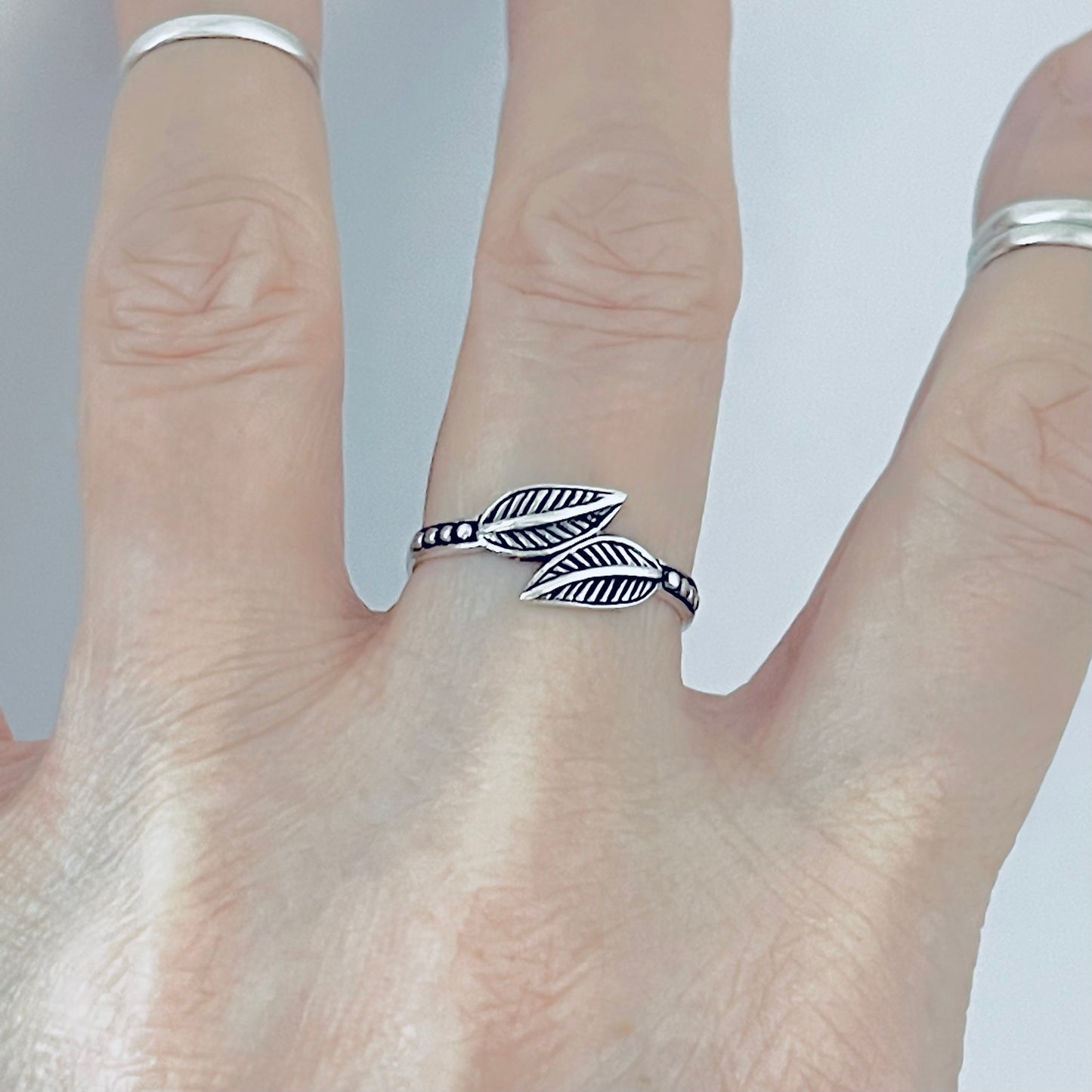 Sterling Silver Dainty Small Double Leaf Ring | Tree of Life Leaves Silver Rings