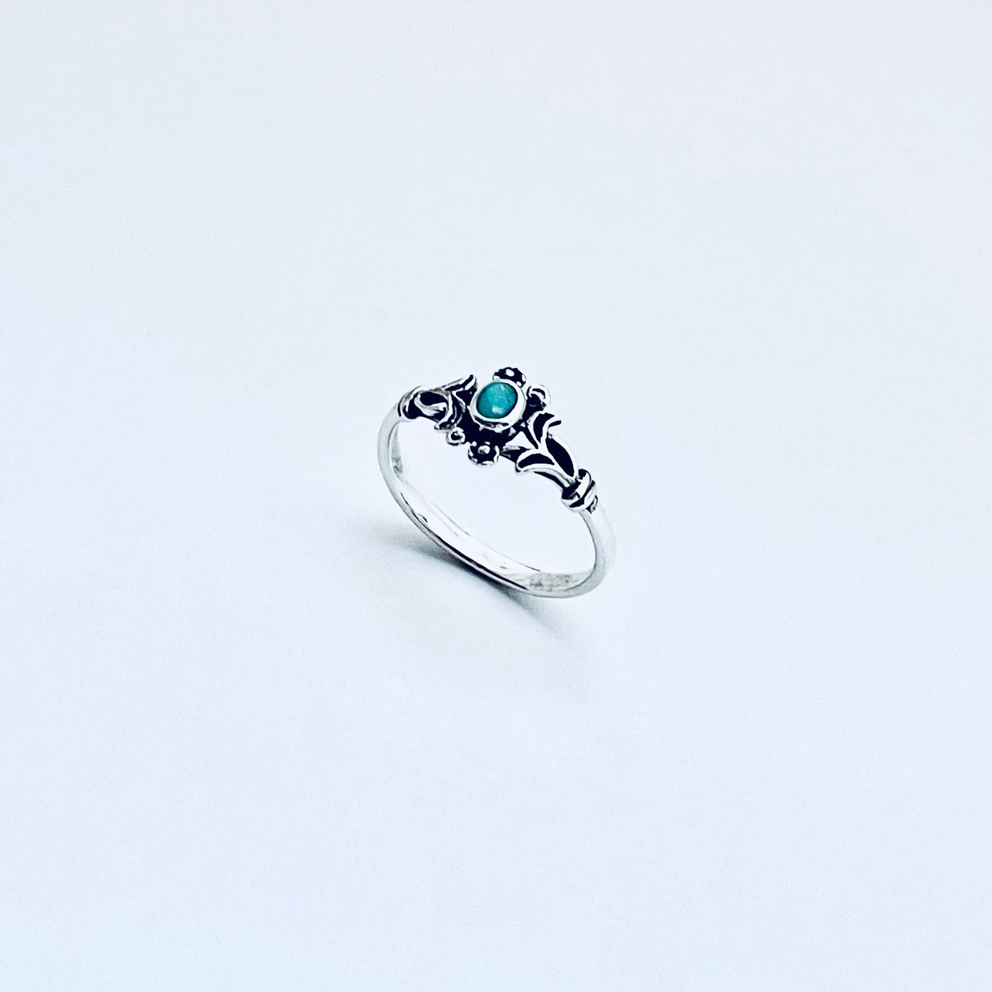 925 Sterling Silver Little Genuine Turquoise Ring with Flowers | Dainty Floral Stone Silver Rings