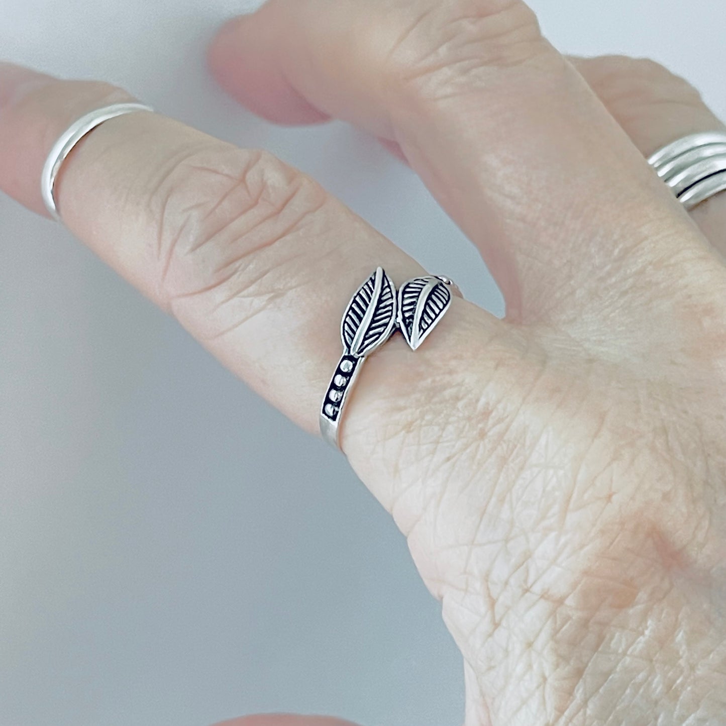 Sterling Silver Dainty Small Double Leaf Ring | Tree of Life Leaves Silver Rings