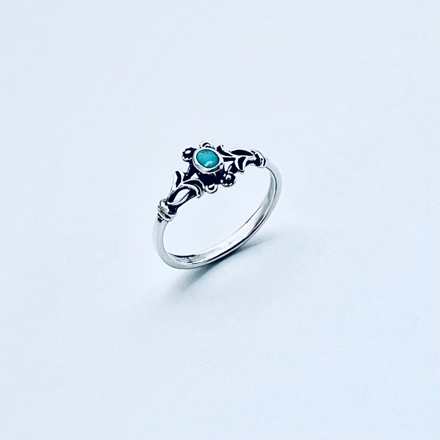 925 Sterling Silver Little Genuine Turquoise Ring with Flowers | Dainty Floral Stone Silver Rings