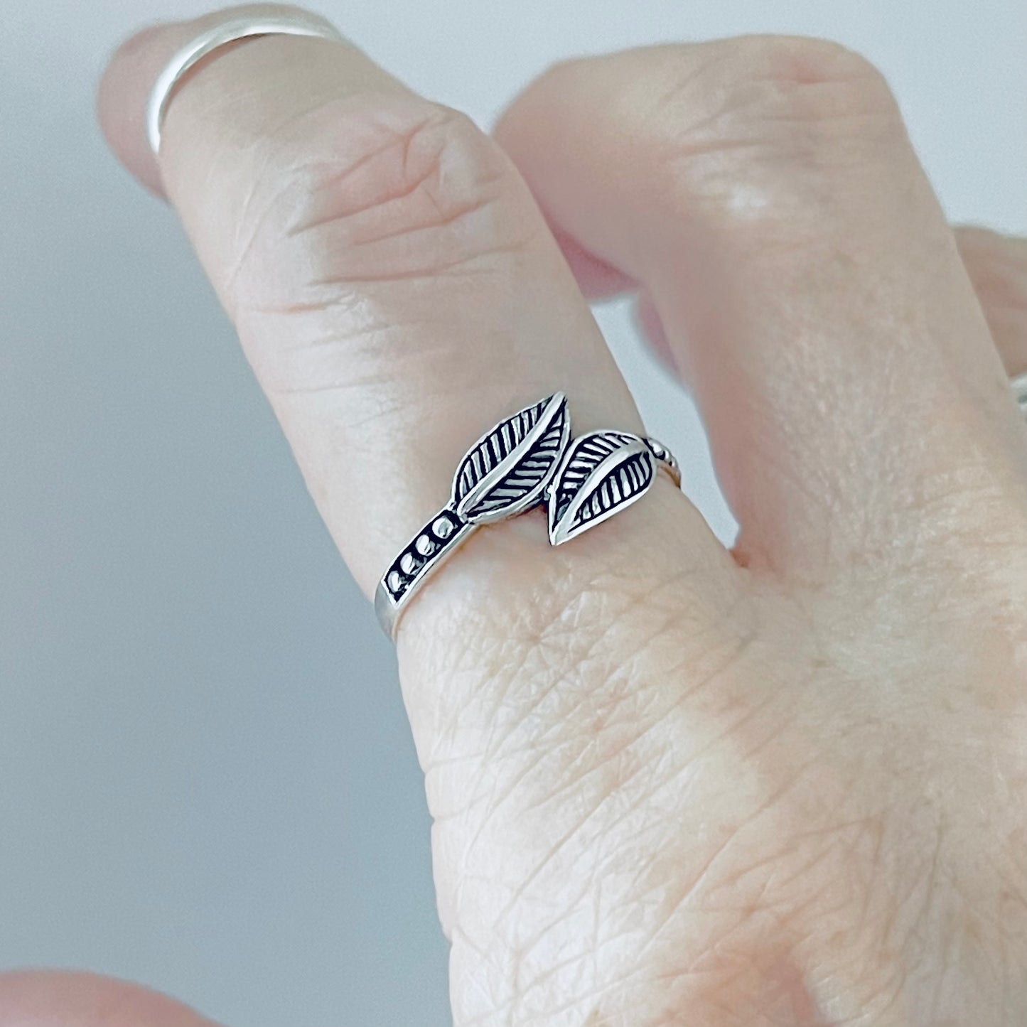 Sterling Silver Dainty Small Double Leaf Ring | Tree of Life Leaves Silver Rings