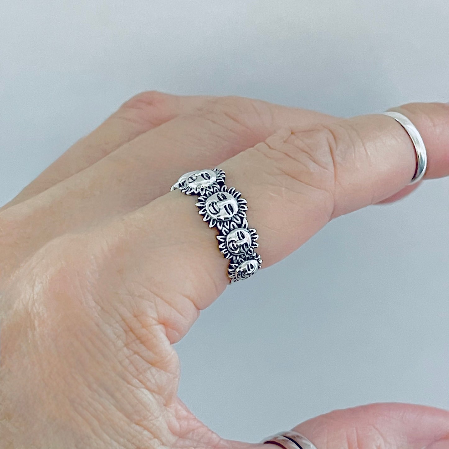 Sterling Silver Unisex Sunny Faces Ring, Silver Rings, Celestial Ring, Sun, Sunshine