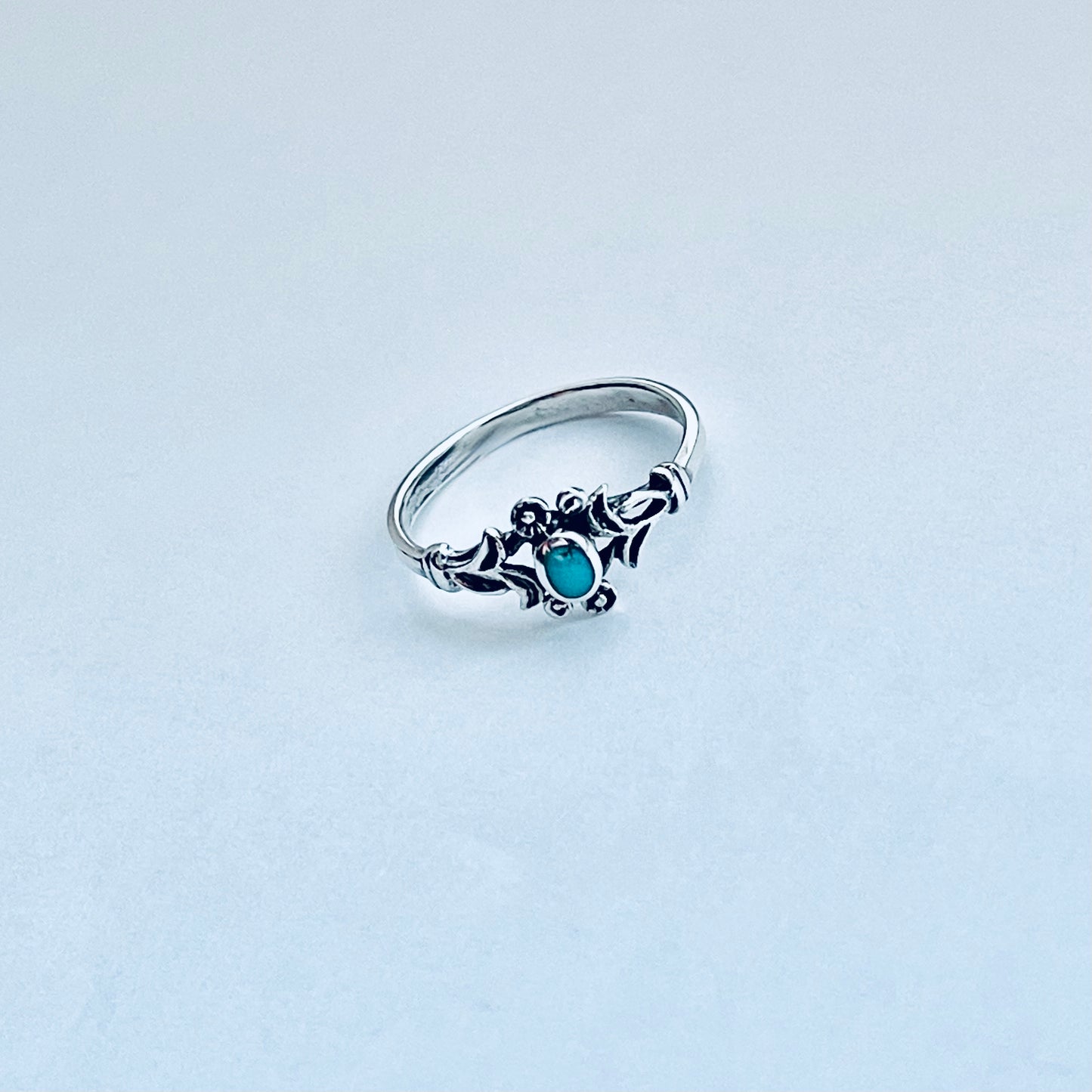 925 Sterling Silver Little Genuine Turquoise Ring with Flowers | Dainty Floral Stone Silver Rings