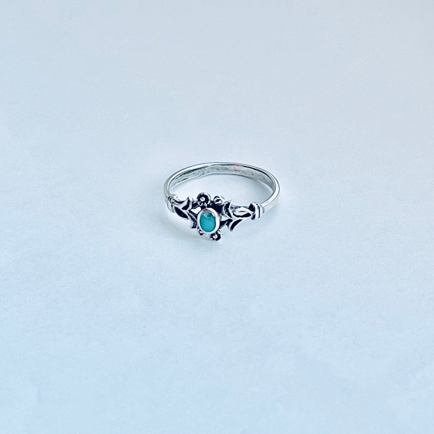 925 Sterling Silver Little Genuine Turquoise Ring with Flowers | Dainty Floral Stone Silver Rings