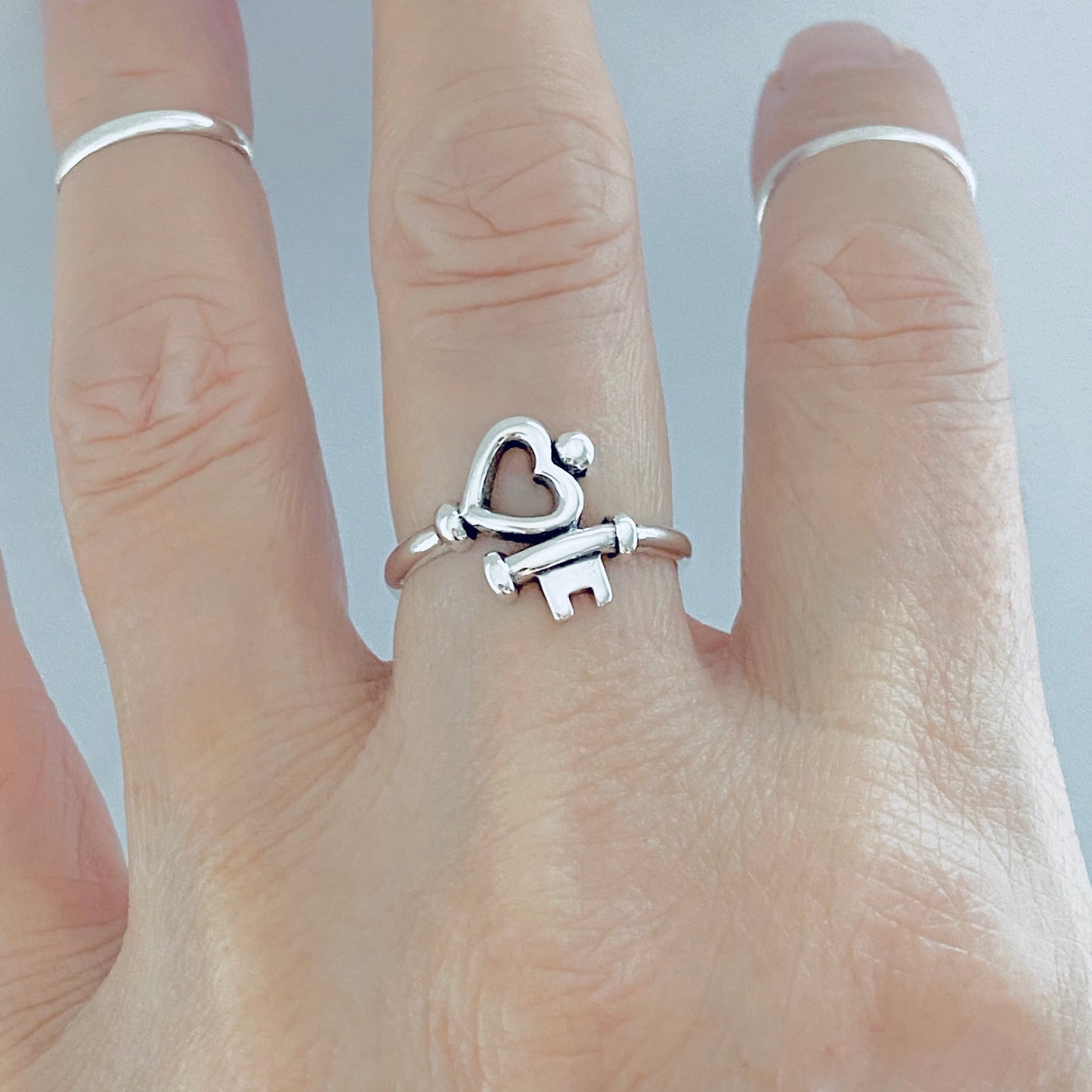 Sterling Silver Key to My Heart Ring – Dainty Love Heart & Key Silver Rings