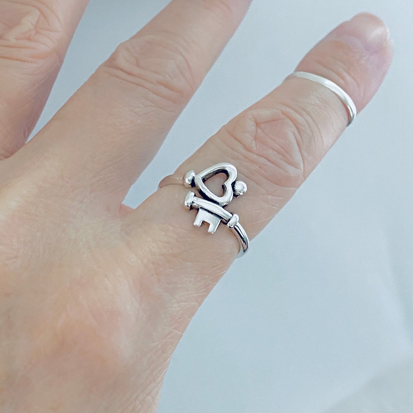 Sterling Silver Key to My Heart Ring – Dainty Love Heart & Key Silver Rings