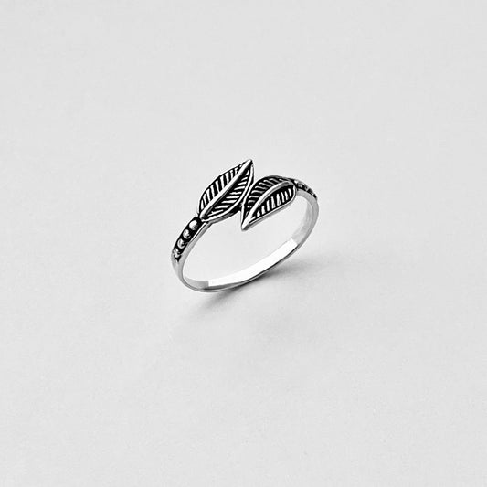 Sterling Silver Dainty Double Leaf Ring with Dots, Tree of Life Jewelry, Branch Leaves