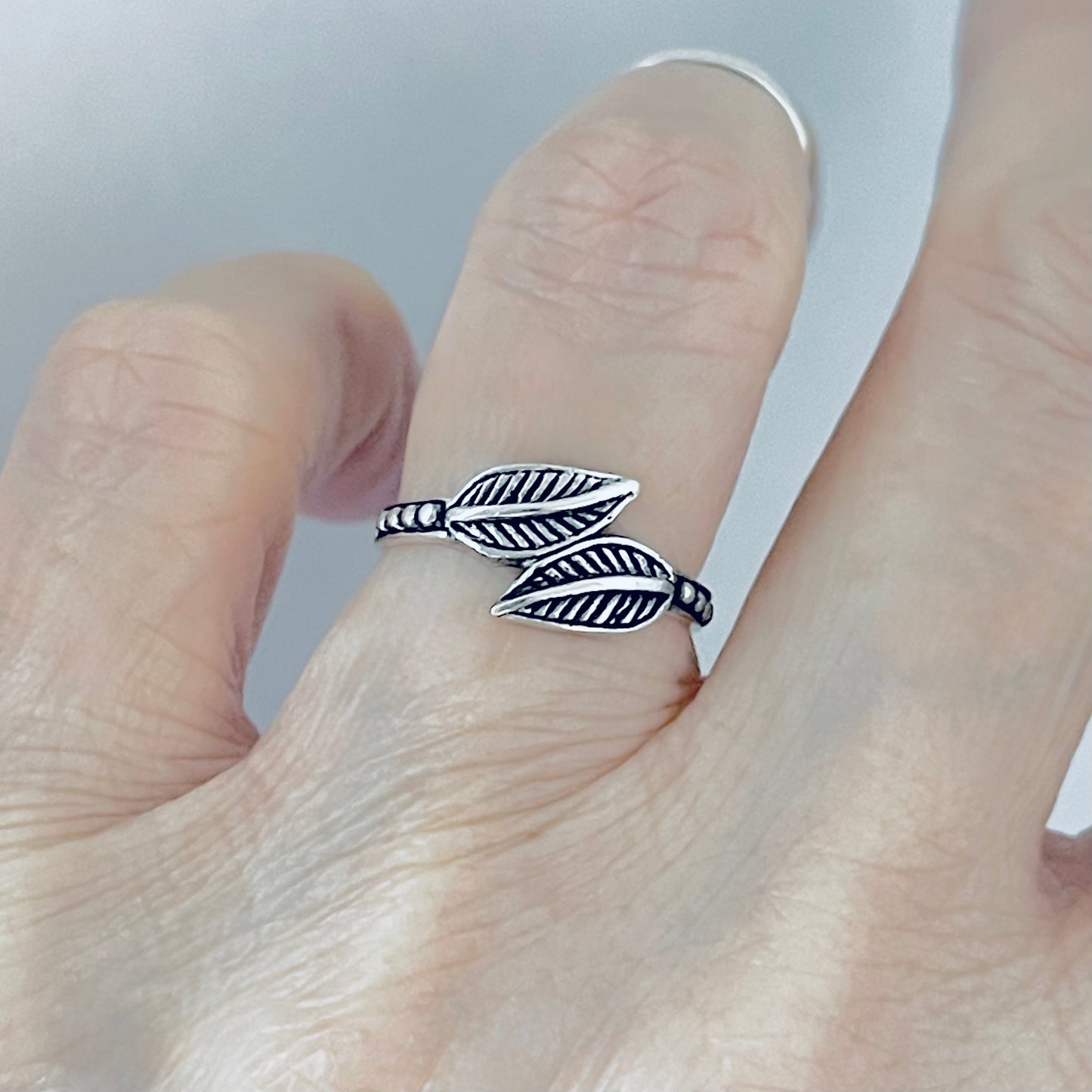 Sterling Silver Dainty Small Double Leaf Ring | Tree of Life Leaves Silver Rings