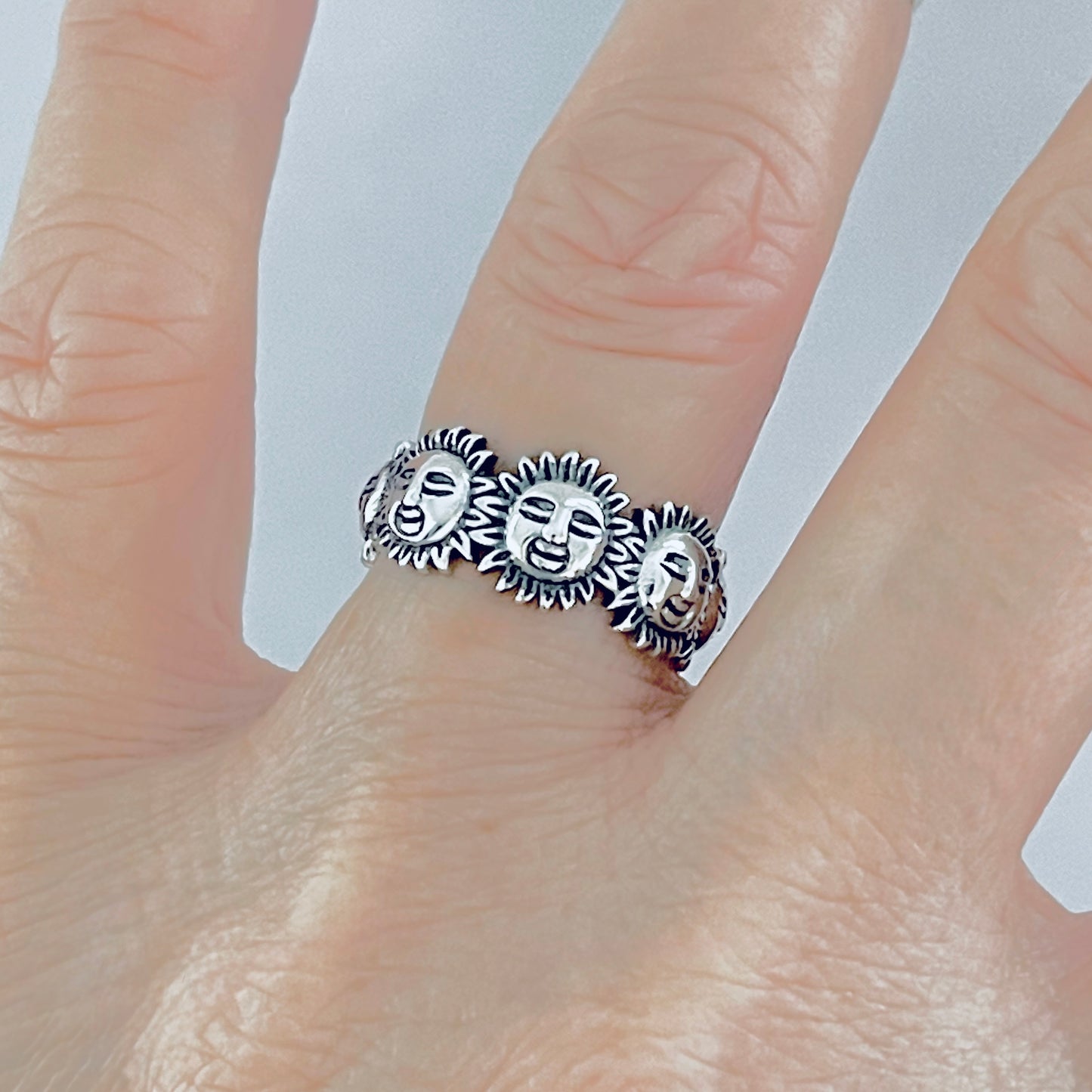 Sterling Silver Unisex Sunny Faces Ring, Silver Rings, Celestial Ring, Sun, Sunshine