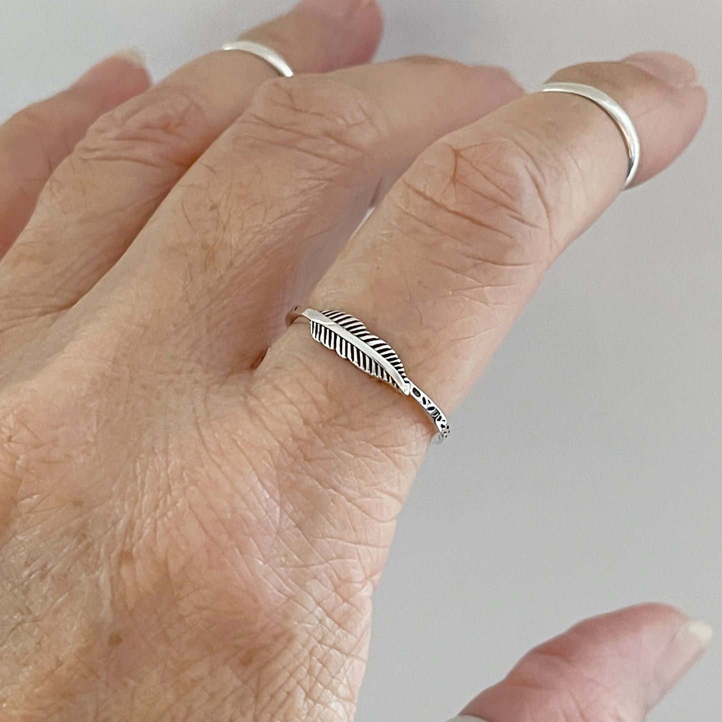 Sterling Silver Mini Feather Ring with Printed Band, Minimalist Angel Wing Rings