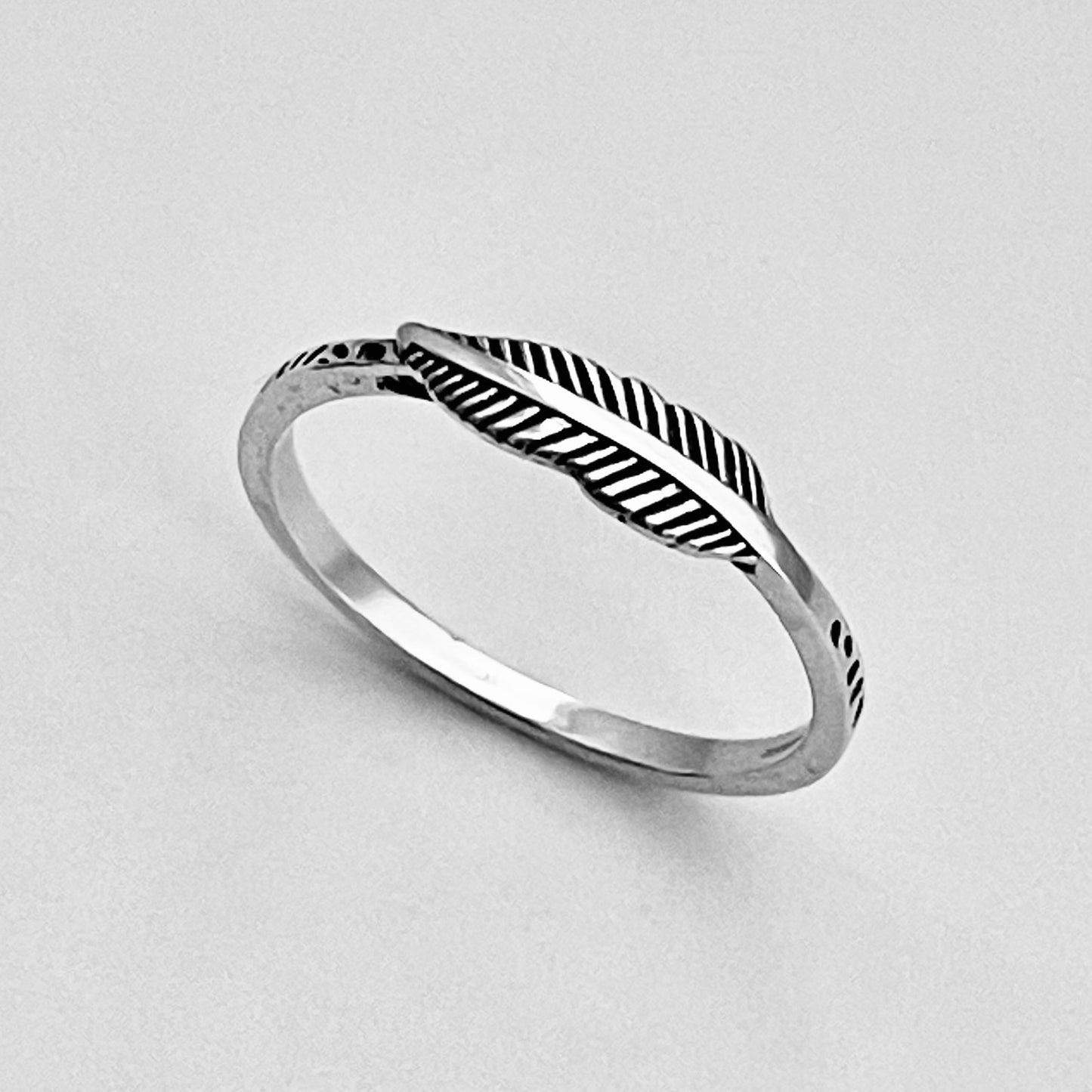 Sterling Silver Mini Feather Ring with Printed Band, Minimalist Angel Wing Rings