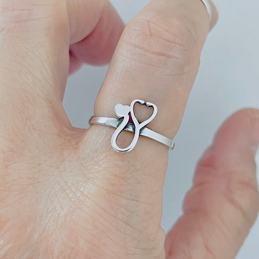 Sterling Silver Heart Stethoscope Ring, Doctor and Nurse Rings, Hearts, EMT