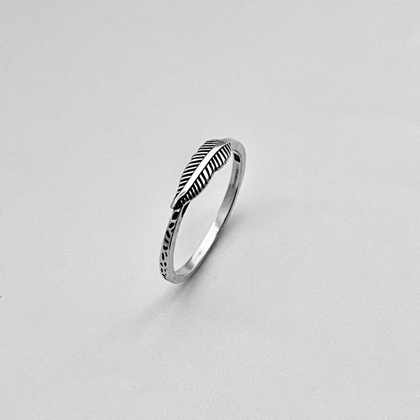 Sterling Silver Mini Feather Ring with Printed Band, Minimalist Angel Wing Rings