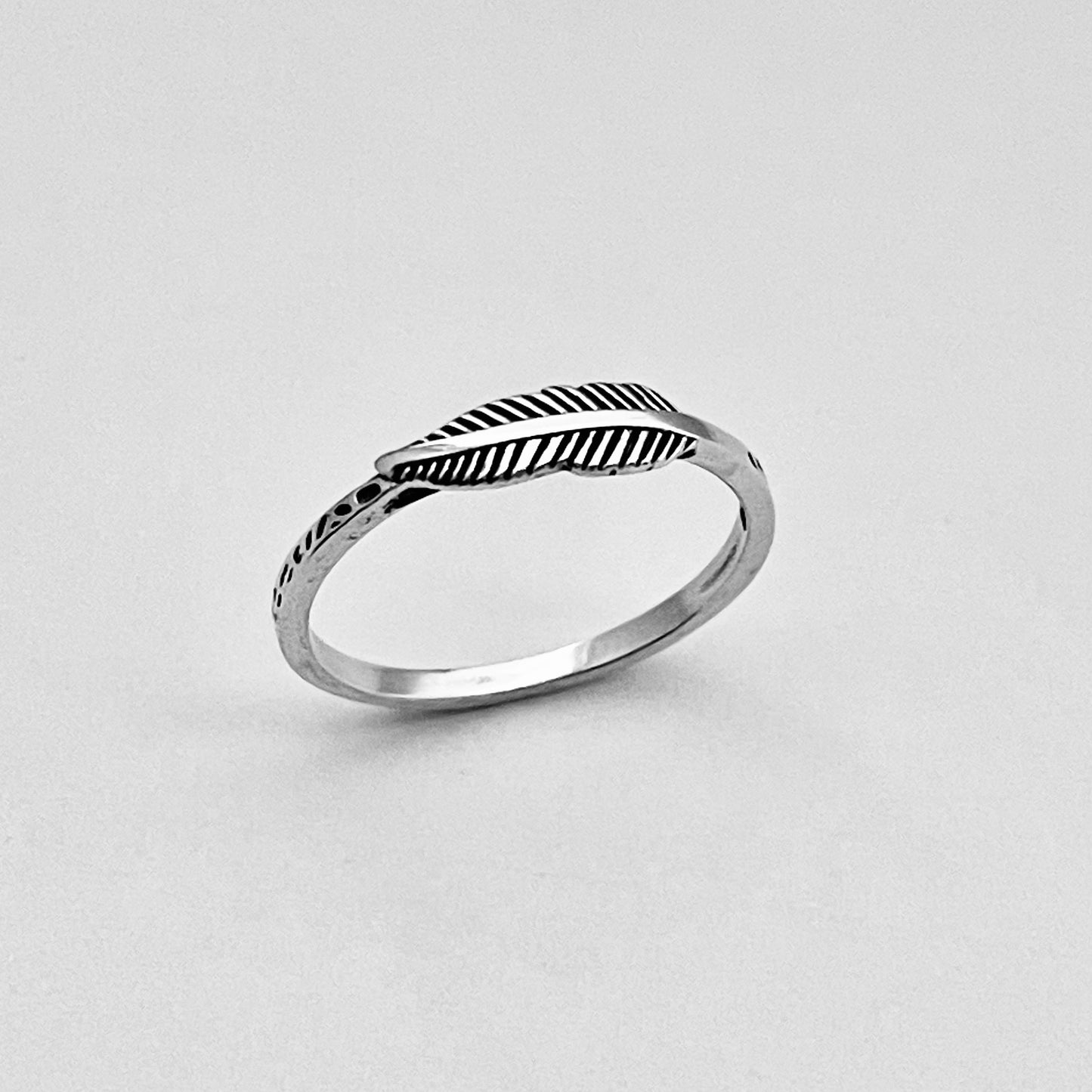 Sterling Silver Mini Feather Ring with Printed Band, Minimalist Angel Wing Rings