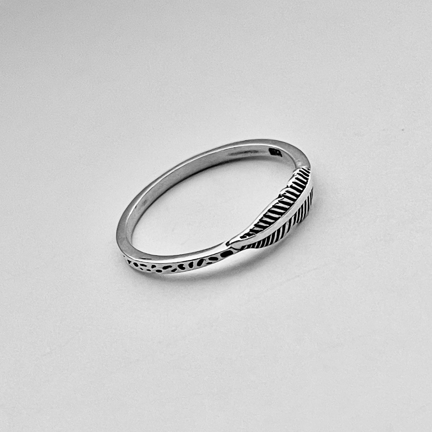 Sterling Silver Mini Feather Ring with Printed Band, Minimalist Angel Wing Rings