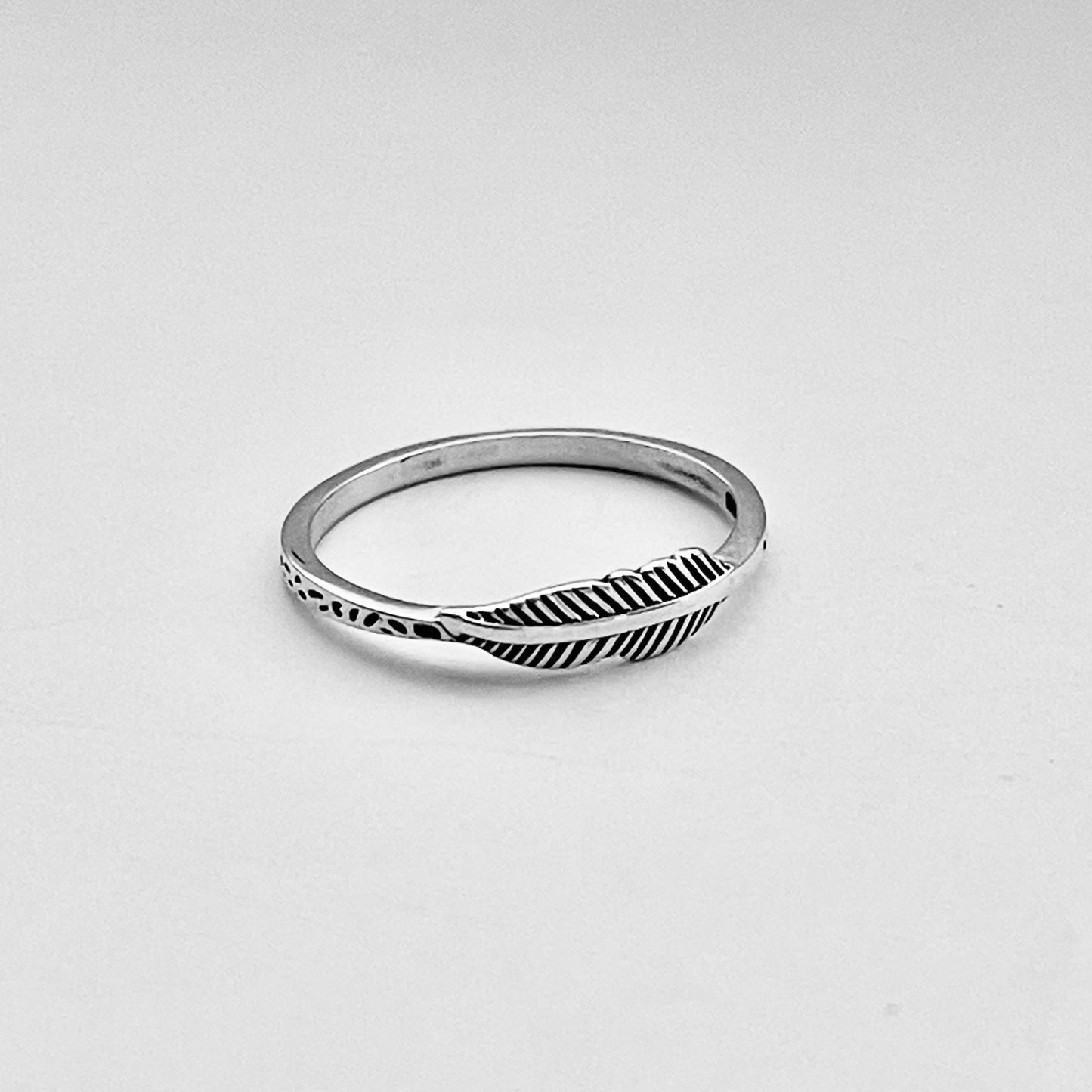 Sterling Silver Mini Feather Ring with Printed Band, Minimalist Angel Wing Rings