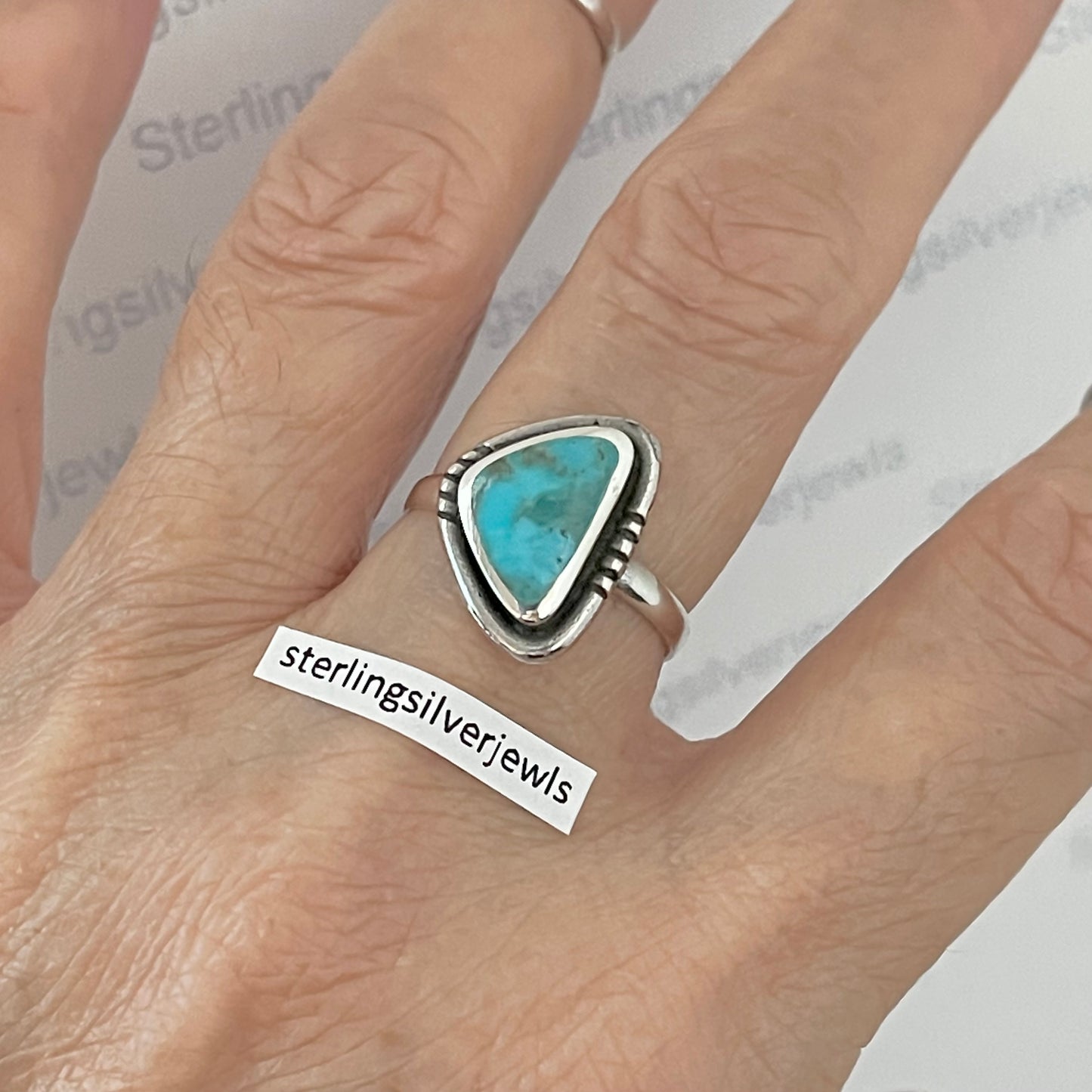 Sterling Silver Unique Shape Triangle Genuine Turquoise Ring, Silver Stone rings