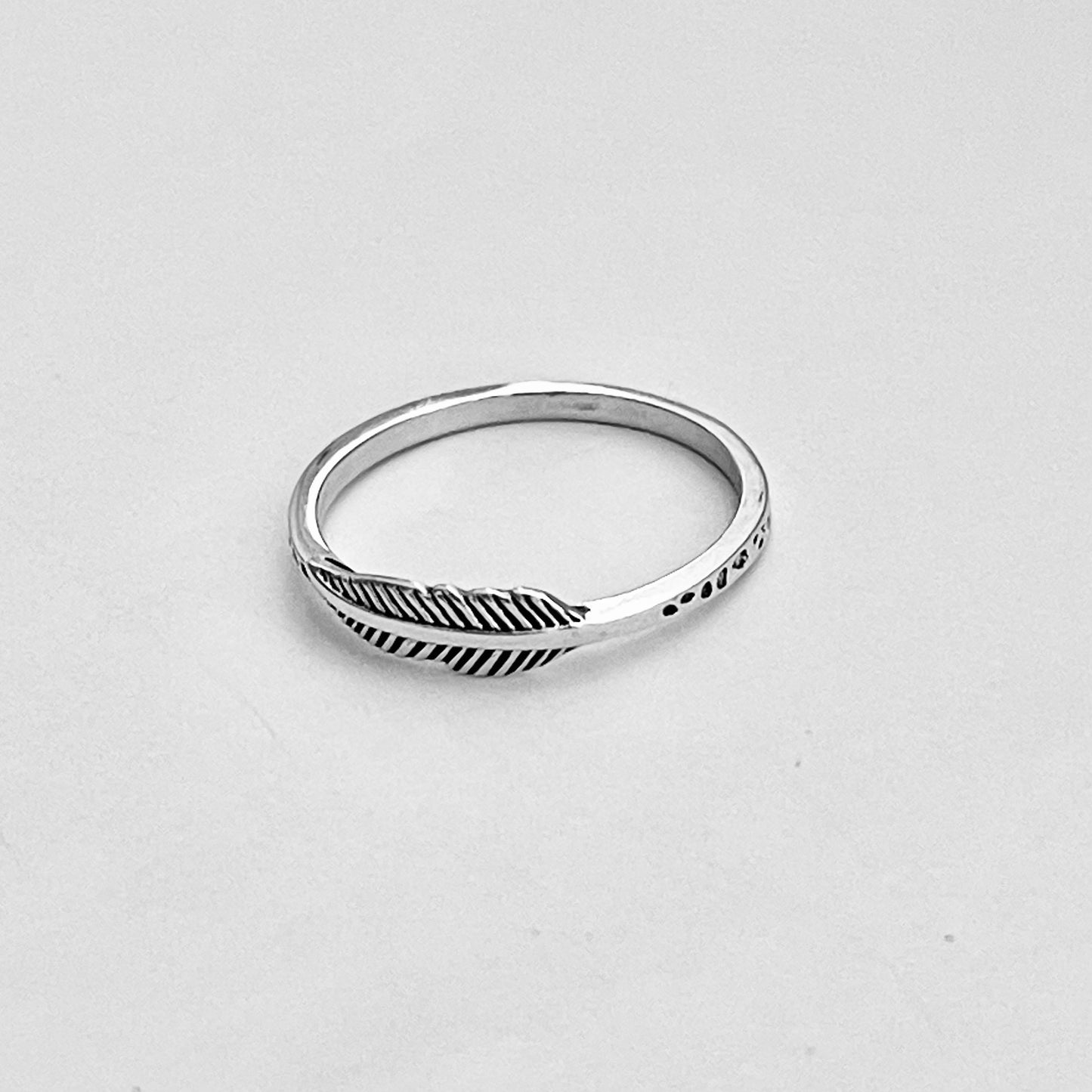 Sterling Silver Mini Feather Ring with Printed Band, Minimalist Angel Wing Rings