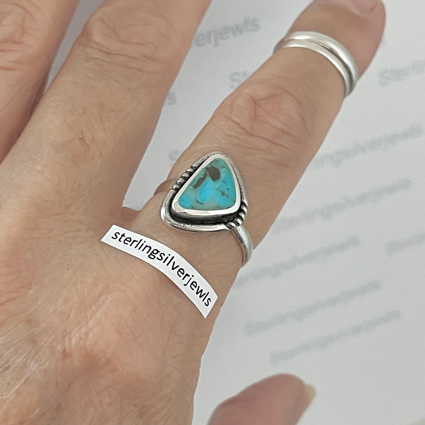 Sterling Silver Unique Shape Triangle Genuine Turquoise Ring, Silver Stone rings