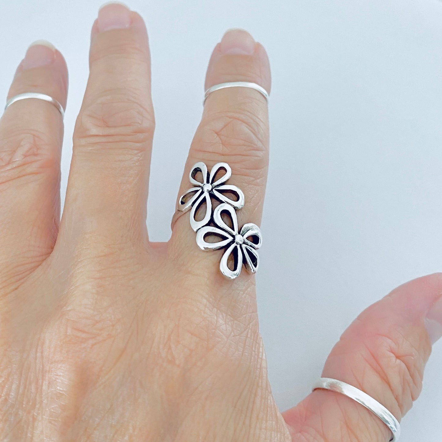 Sterling Silver Double Daisy Flower Ring – Statement Floral Boho Silver Rings
