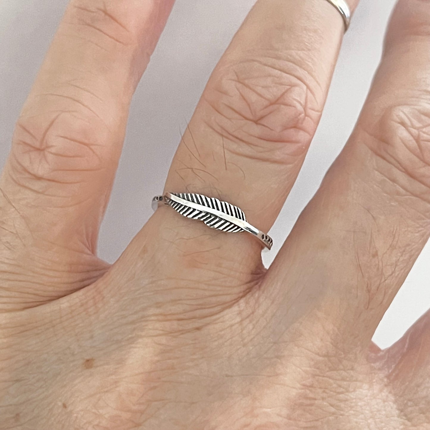 Sterling Silver Mini Feather Ring with Printed Band, Minimalist Angel Wing Rings