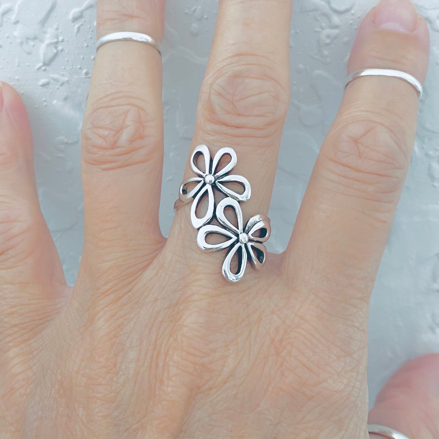 Sterling Silver Double Daisy Flower Ring – Statement Floral Boho Silver Rings