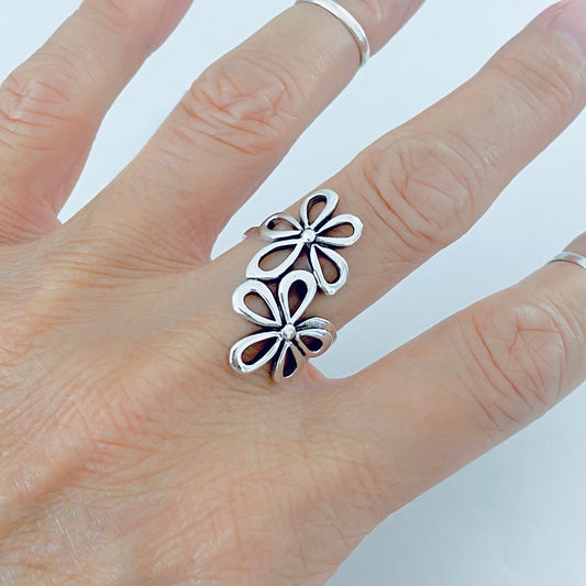 Sterling Silver Double Daisy Flower Ring – Statement Floral Boho Silver Rings
