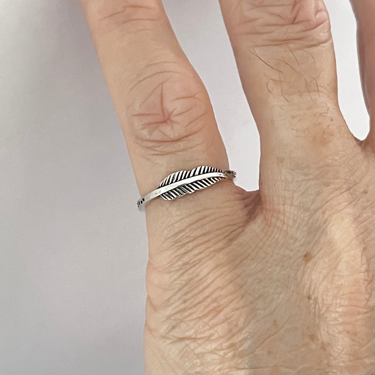 Sterling Silver Mini Feather Ring with Printed Band, Minimalist Angel Wing Rings