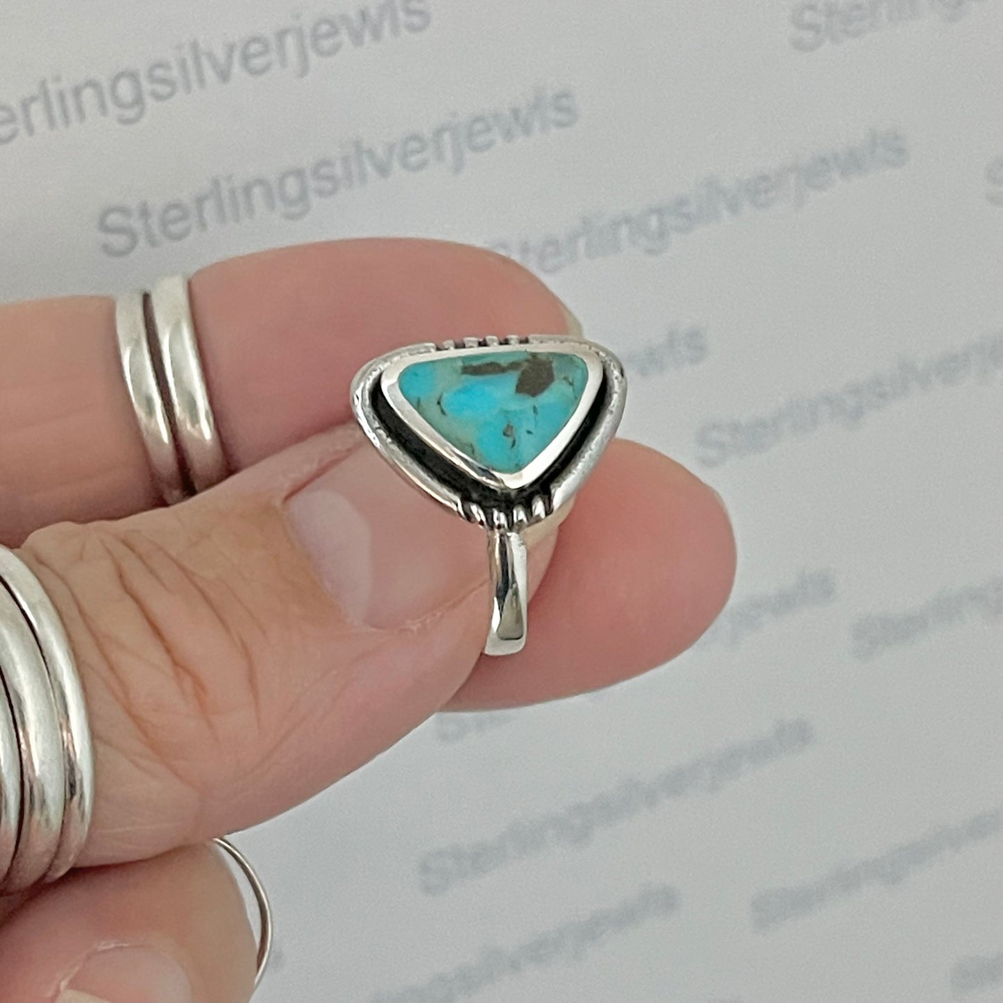 Sterling Silver Unique Shape Triangle Genuine Turquoise Ring, Silver Stone rings