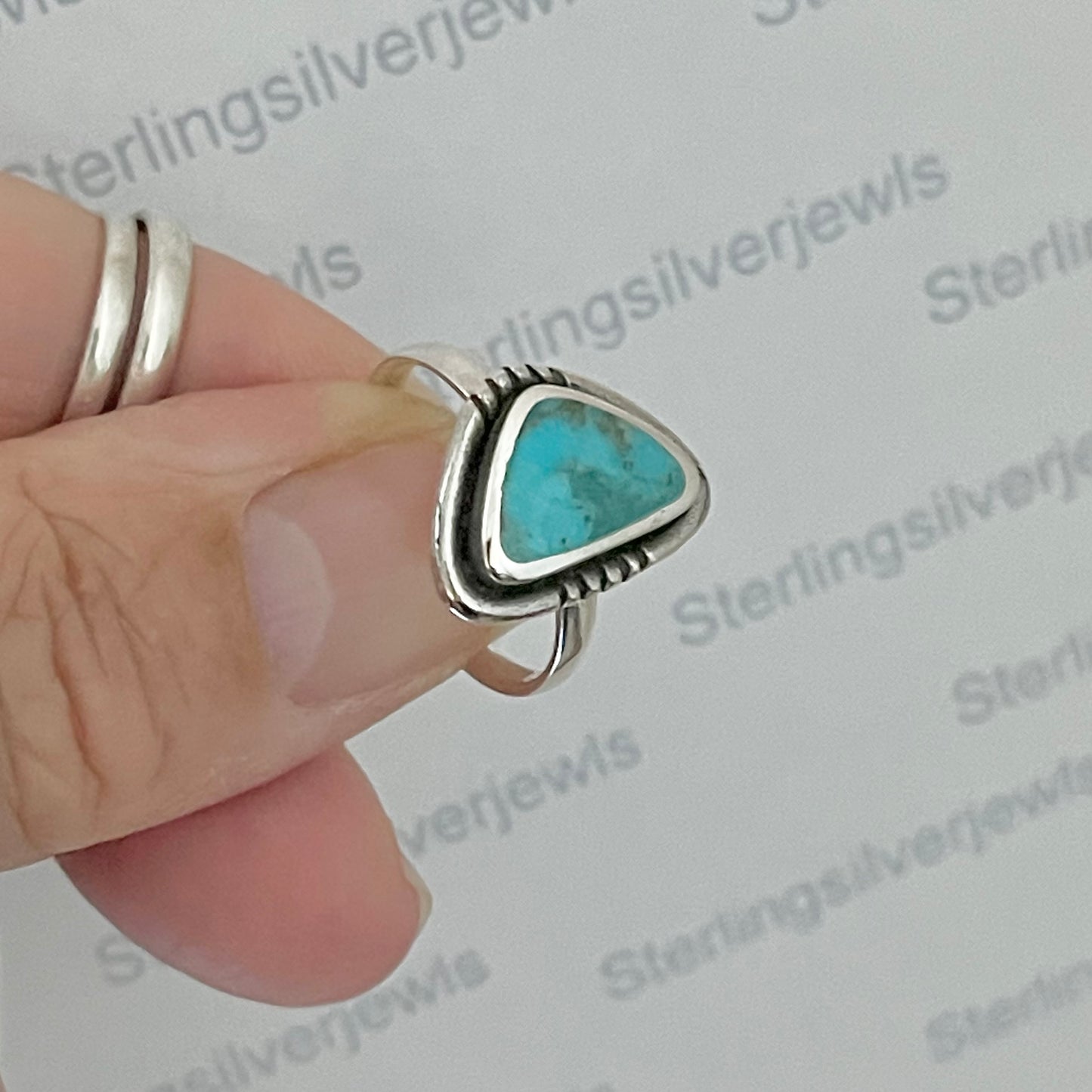 Sterling Silver Unique Shape Triangle Genuine Turquoise Ring, Silver Stone rings