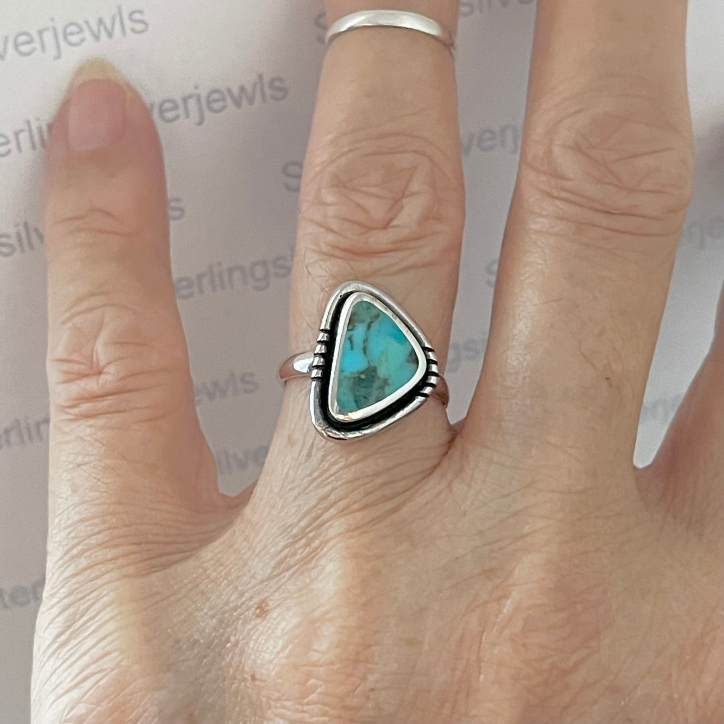 Sterling Silver Unique Shape Triangle Genuine Turquoise Ring, Silver Stone rings