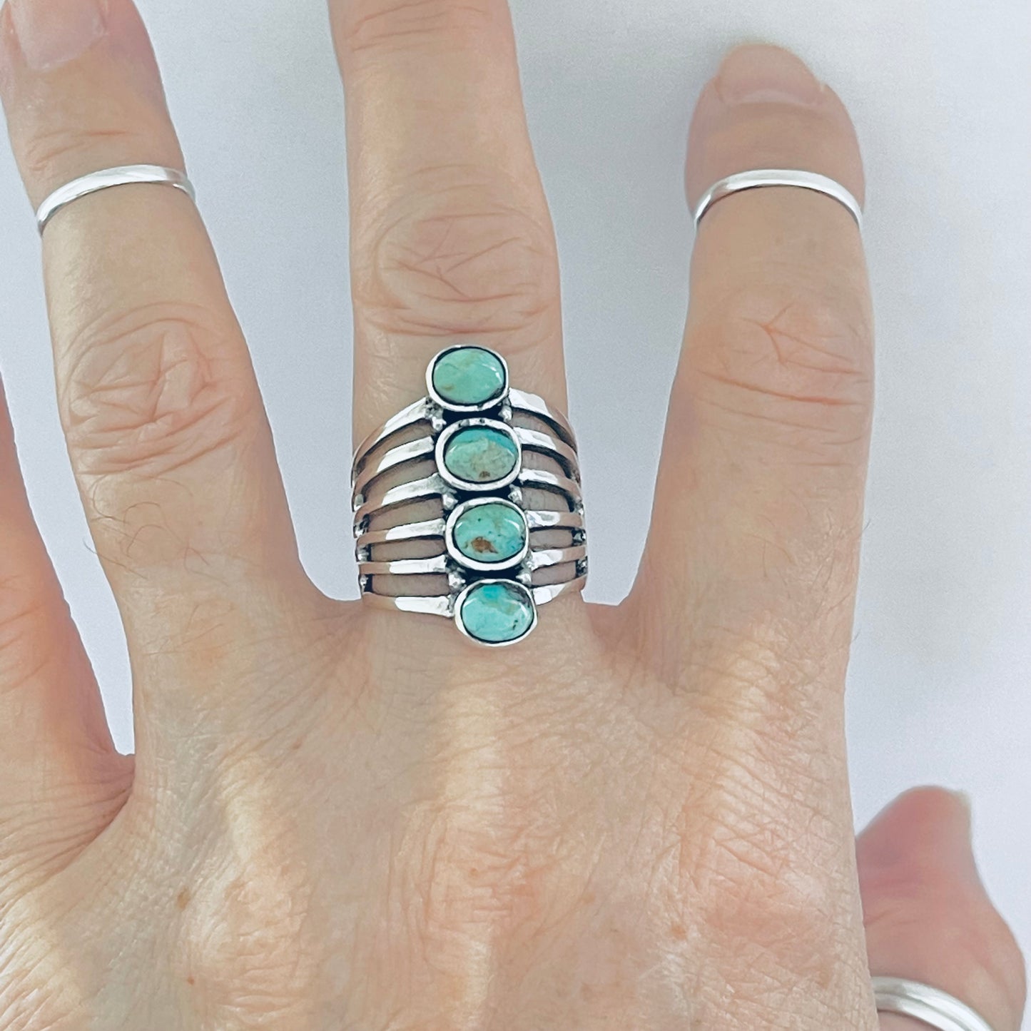Sterling Silver 4 Stone Genuine Turquoise Ring, Boho Statement Jewelry