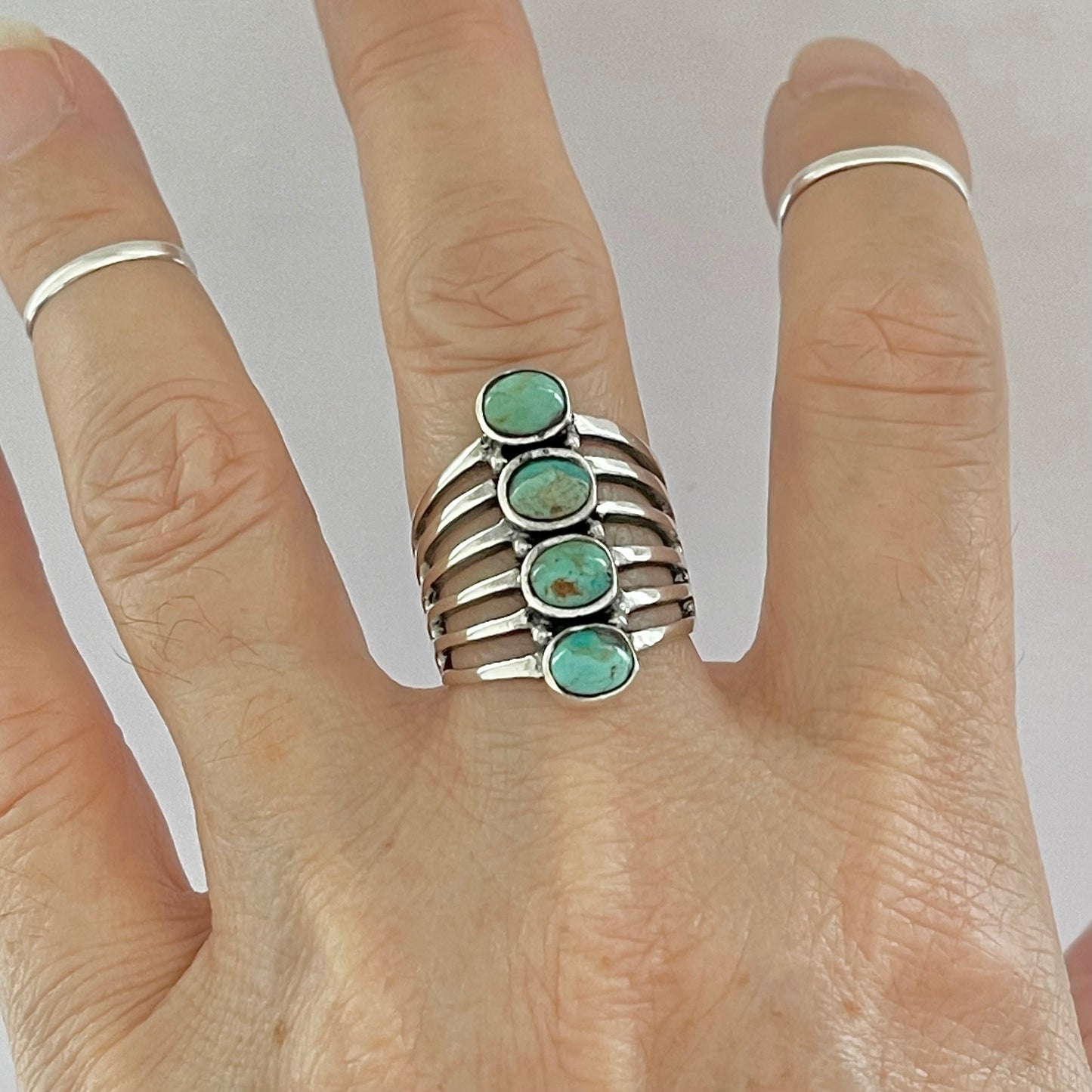 Sterling Silver Statement 4 Stone Genuine Turquoise Ring, Boho Ring, Silver Rings