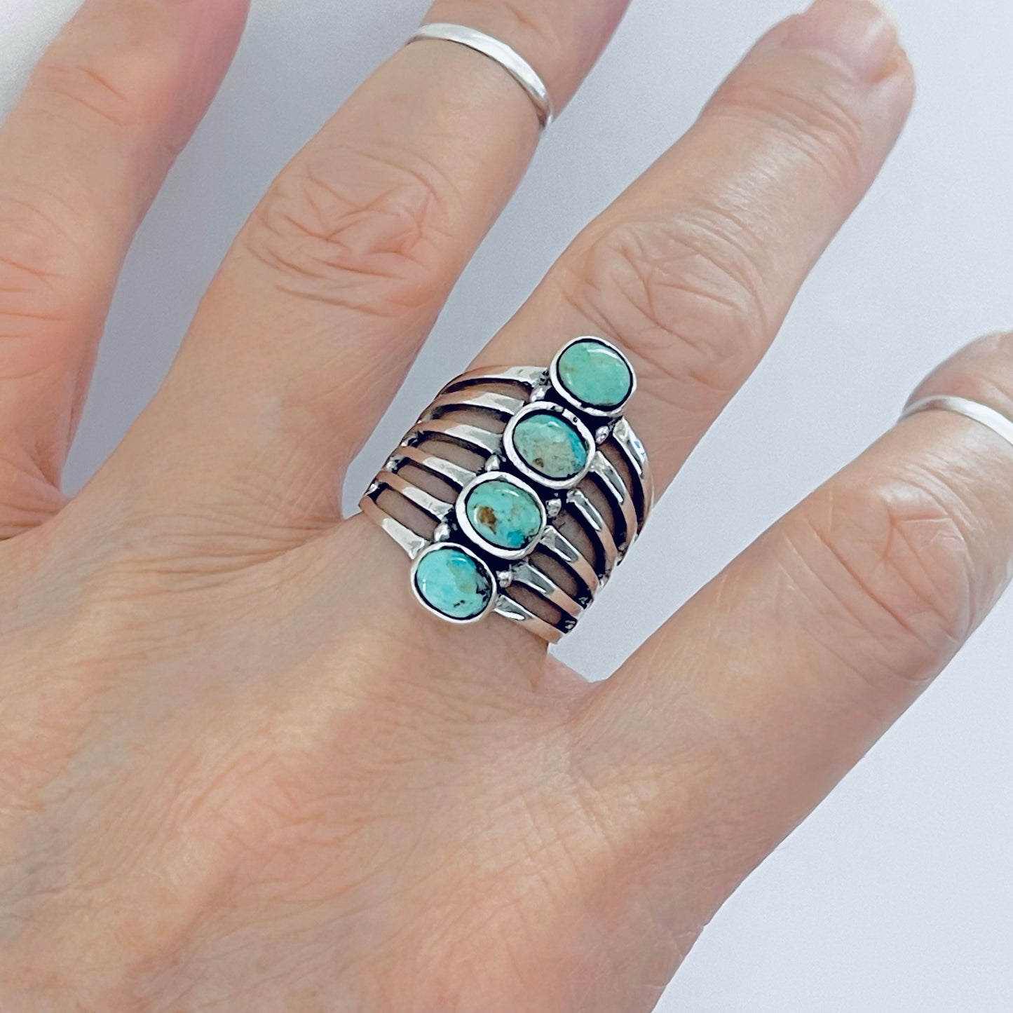 Sterling Silver 4 Stone Genuine Turquoise Ring, Boho Statement Jewelry